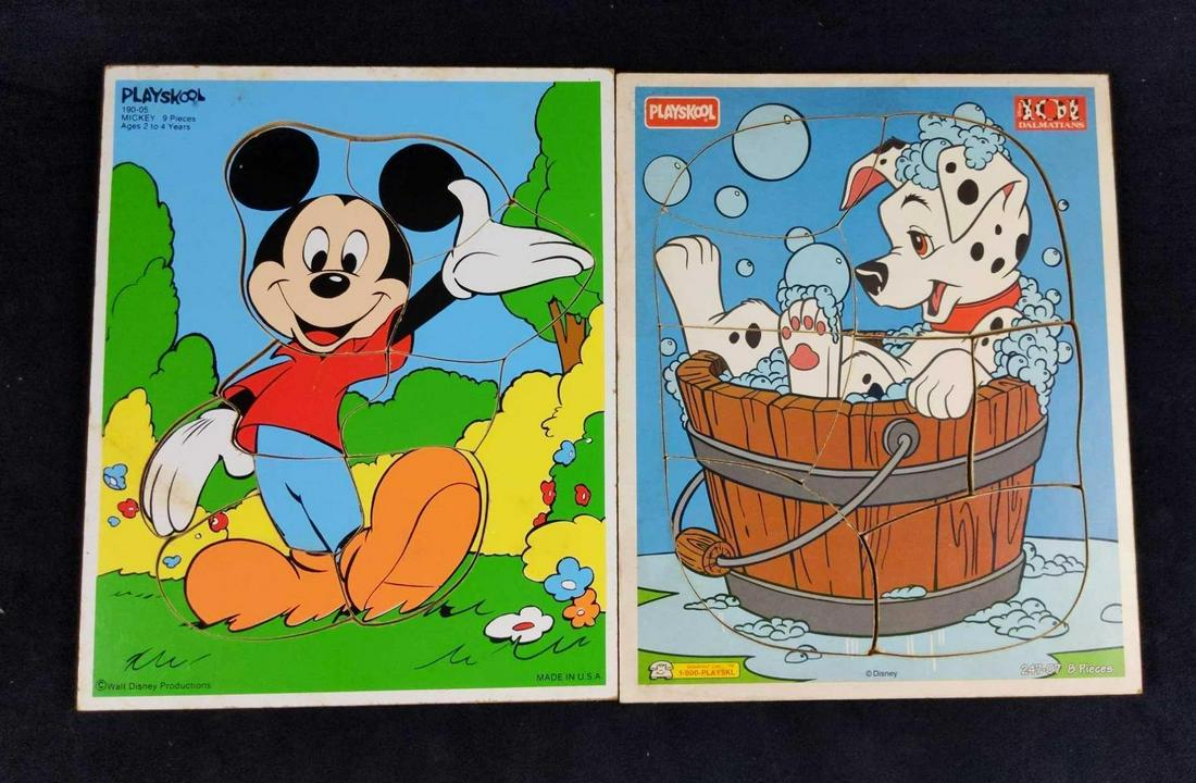 Vintage Disney Mickey Dalmatians Kids Wood Puzzles: This lot includes: (1) Mickey Mouse Wood Puzzle. Is approx 9 1/2" x 11". There is some discoloration and wear on the edges of the puzzle pieces. (1) 101 Dalmatians Wood Puzzle. Is approx 9 1/2" x 11".
