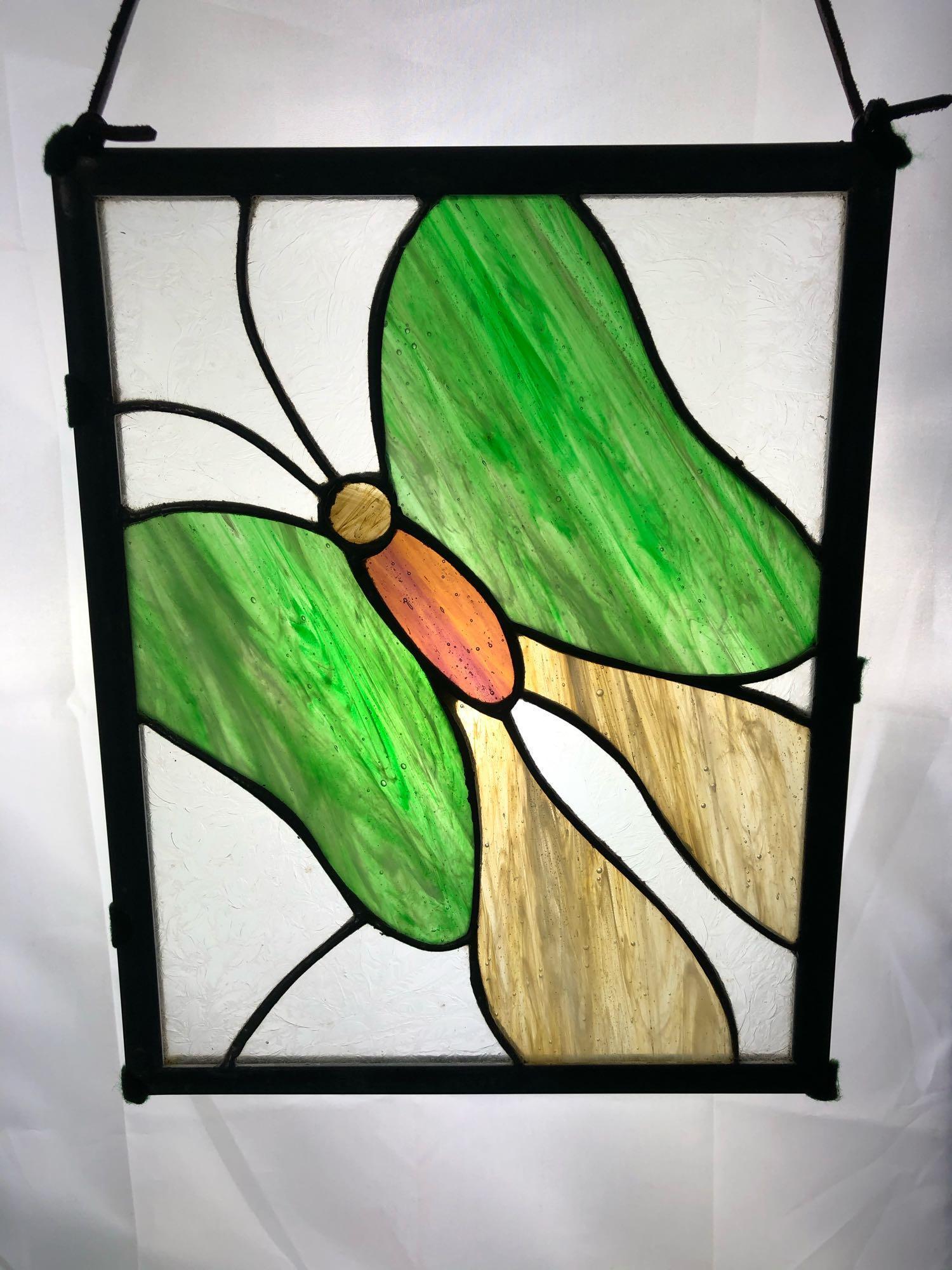 Vintage Handmade Lead Stained Glass Butterfly Single: Vintage Handmade Lead Stained Glass Butterfly Single Window Pane . This classic piece will brighten up any room with its bright colors.This window pane is in great condition with no cracks chips nor s