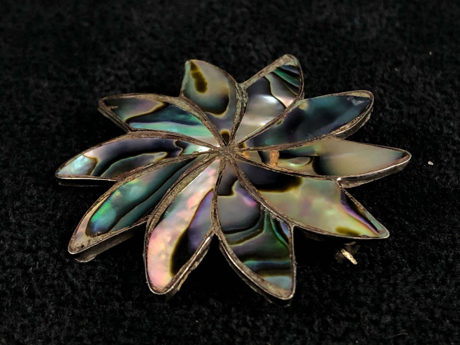 Vintage Mexico Handmade Sterling Silver & Abalone Shell: Vintage Mexico Handmade Sterling Silver & Abalone Shell Pendant / Brooch. This very well made piece is in very good condition with some patina. We acid test all our jewelry prior to listing please vie
