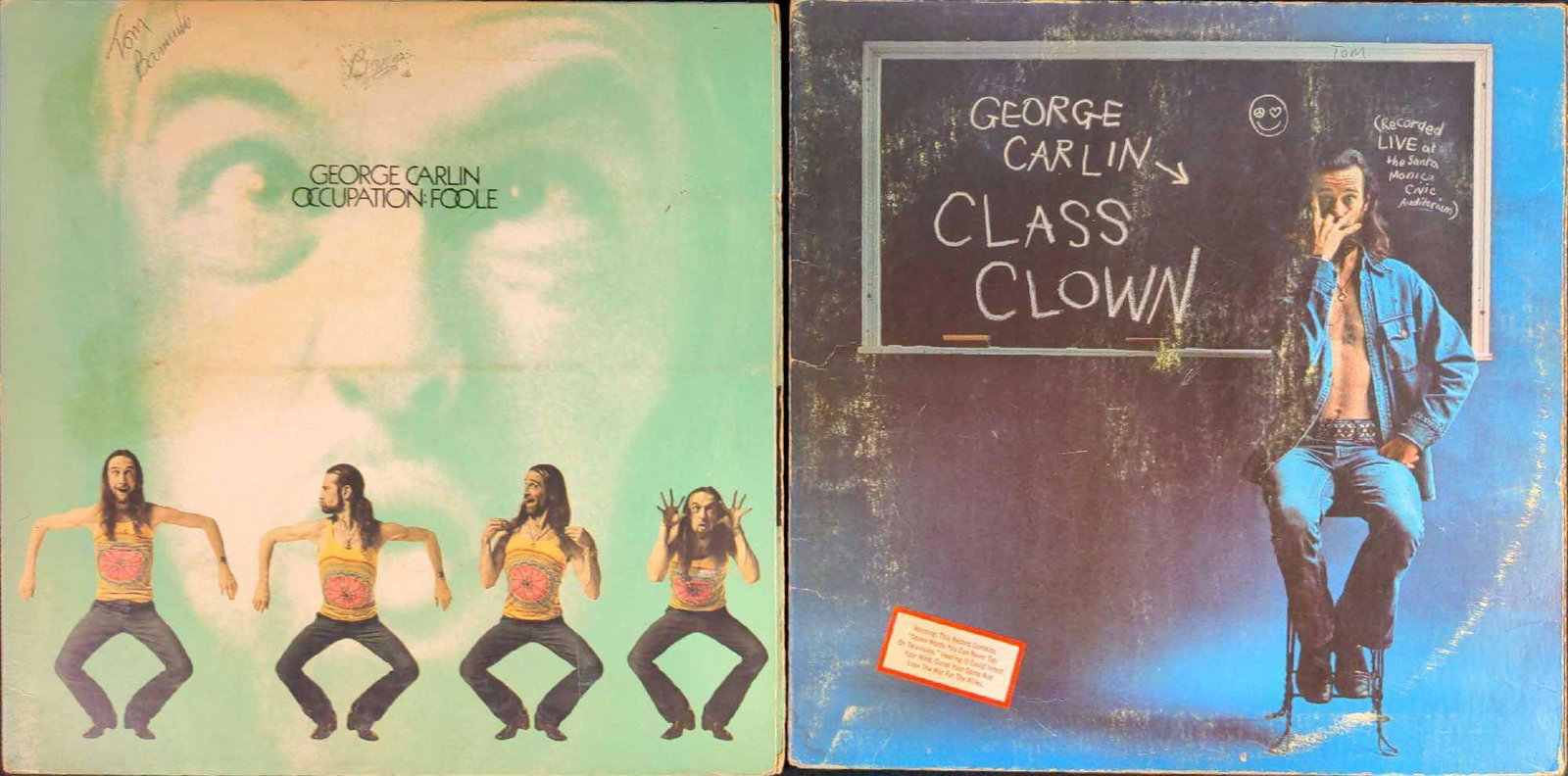 2 Classic George Carlin LP Vinyl Records: This lot includes: (1) George Carlin - Occupation Foole. Little David Records. 1973. (1) George Carlin - Class Clown. Little David Records. 1972. Records are approx 12" x 12 1/8" and are all in a good