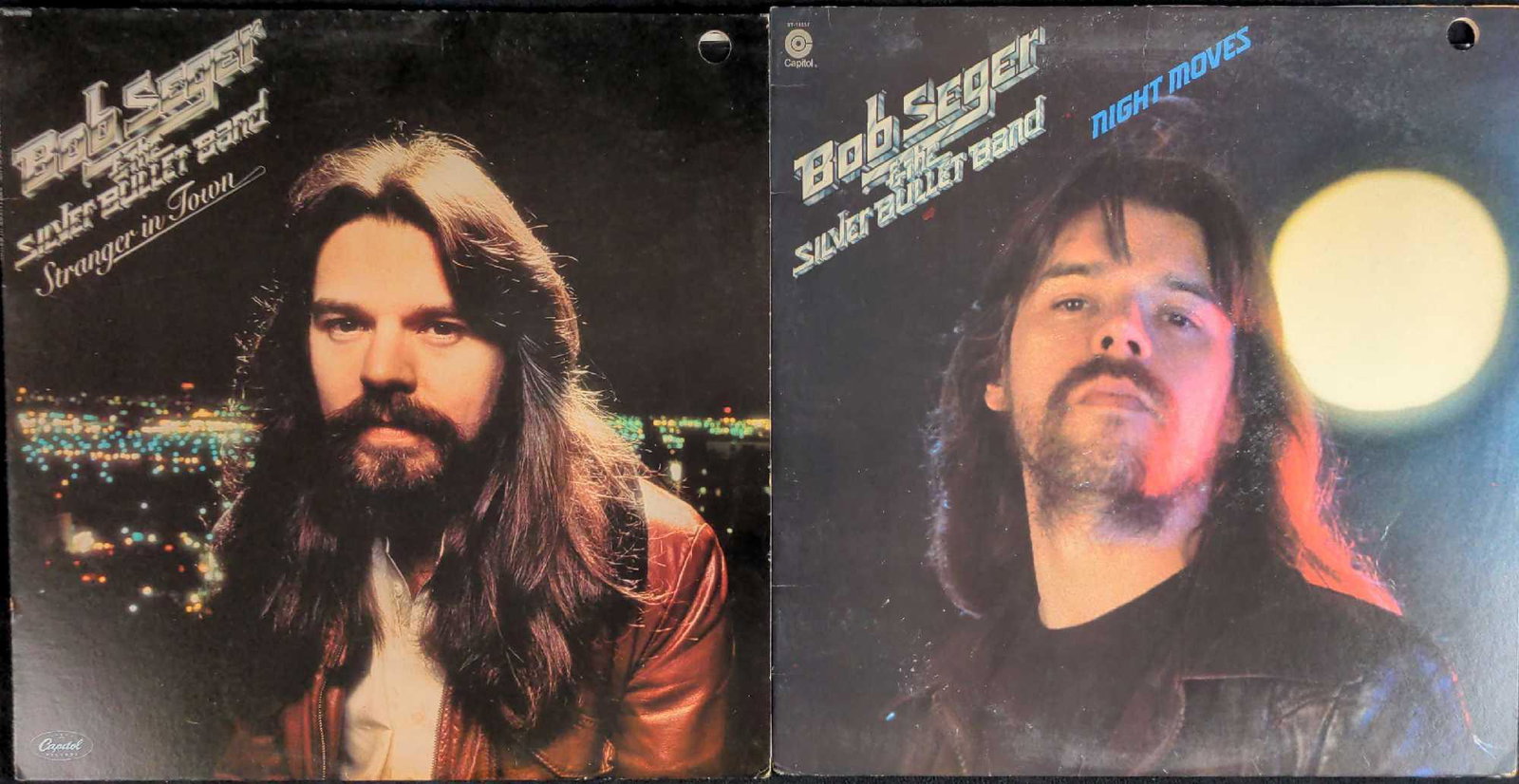 2 Bog Seger And The Silver Bullet Band LP Vinyl Records: This lot includes: (1) Night Moves. Capitol. 1976. (1) Stranger In Town. 1978. Records are approx 12" x 12 1/8" and are all in a good, used conditon with shelf-wear on the jackets. LPs have some dust 