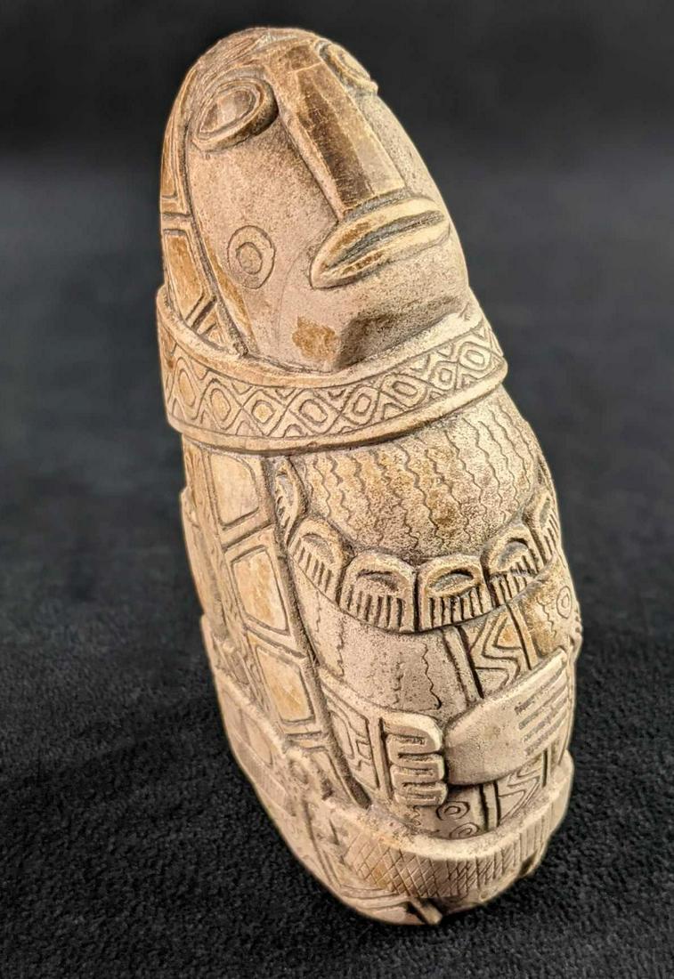 Vintage Incan Tribal Replica Stone Figurine: Vintage Incan Tribal Replica Stone Figurine. Works as a paperweight or garden figurine. Is approx 2" x 2" x 6". Maker and date of creation. Is in a good, vintage conditon with wear and markings, altho