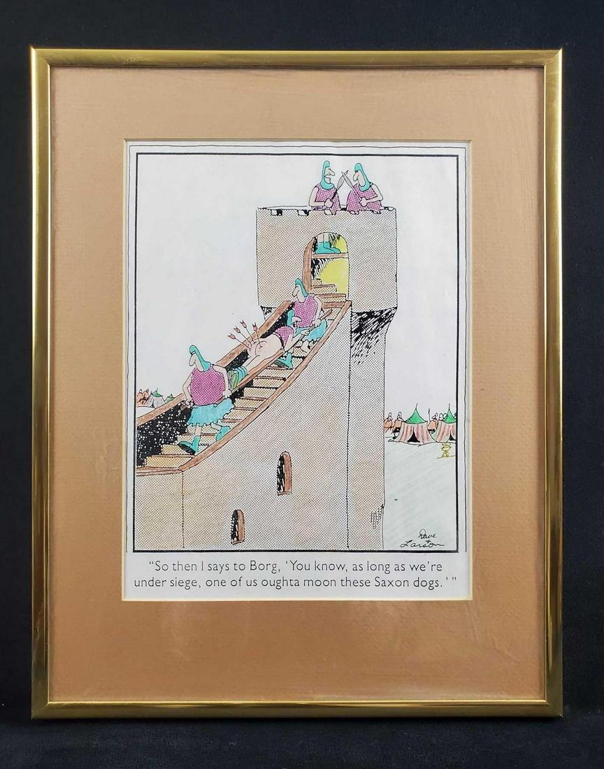 Gary Larson Framed Providence Journal 1988 Print: This is a print by cartoonist Gary Larson that was colored by "Dave". The print is a copy from providence journal 25 dated Oct. 1988. It is colored in colored pencil and matted in brown with a gold to