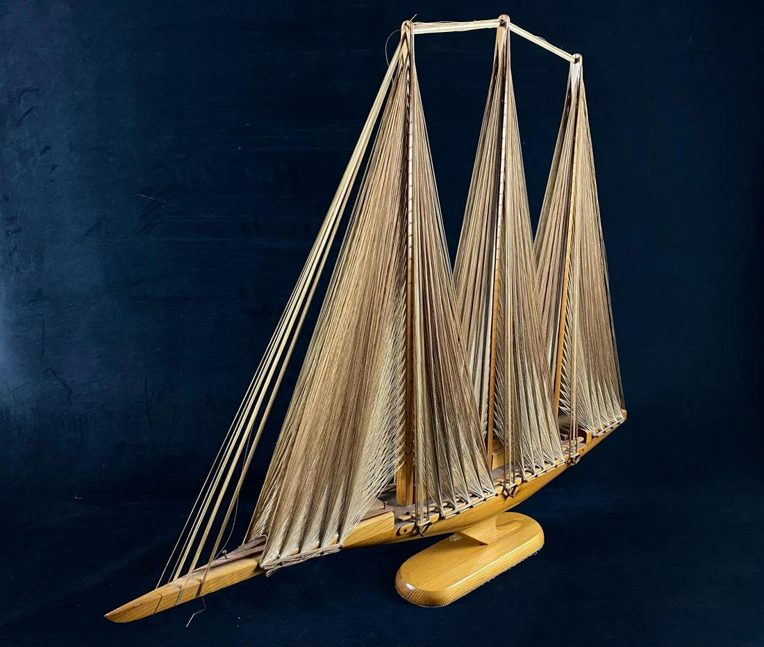 Unique Vintage Nautical String Art Schooner 4D Wood: Unique Vintage Nautical String Art Schooner 4D Wood Handmade Sailboat . This handmade Golden solid wood boat is adorned with loomed string art sails in very good condition with a couple loose stings t