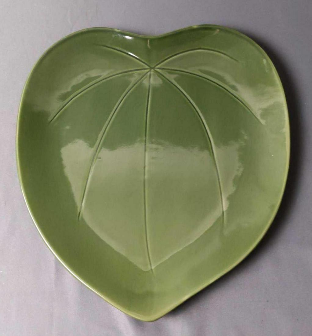 Vintage Ceramic Leaf Serving Platter: One large (approx 11" x 1" 12") ceramic green leaf serving platter. Perfect for your next party! Is in good, vintage condition with some smudges and wearing on the back. Should be cleaned before usage