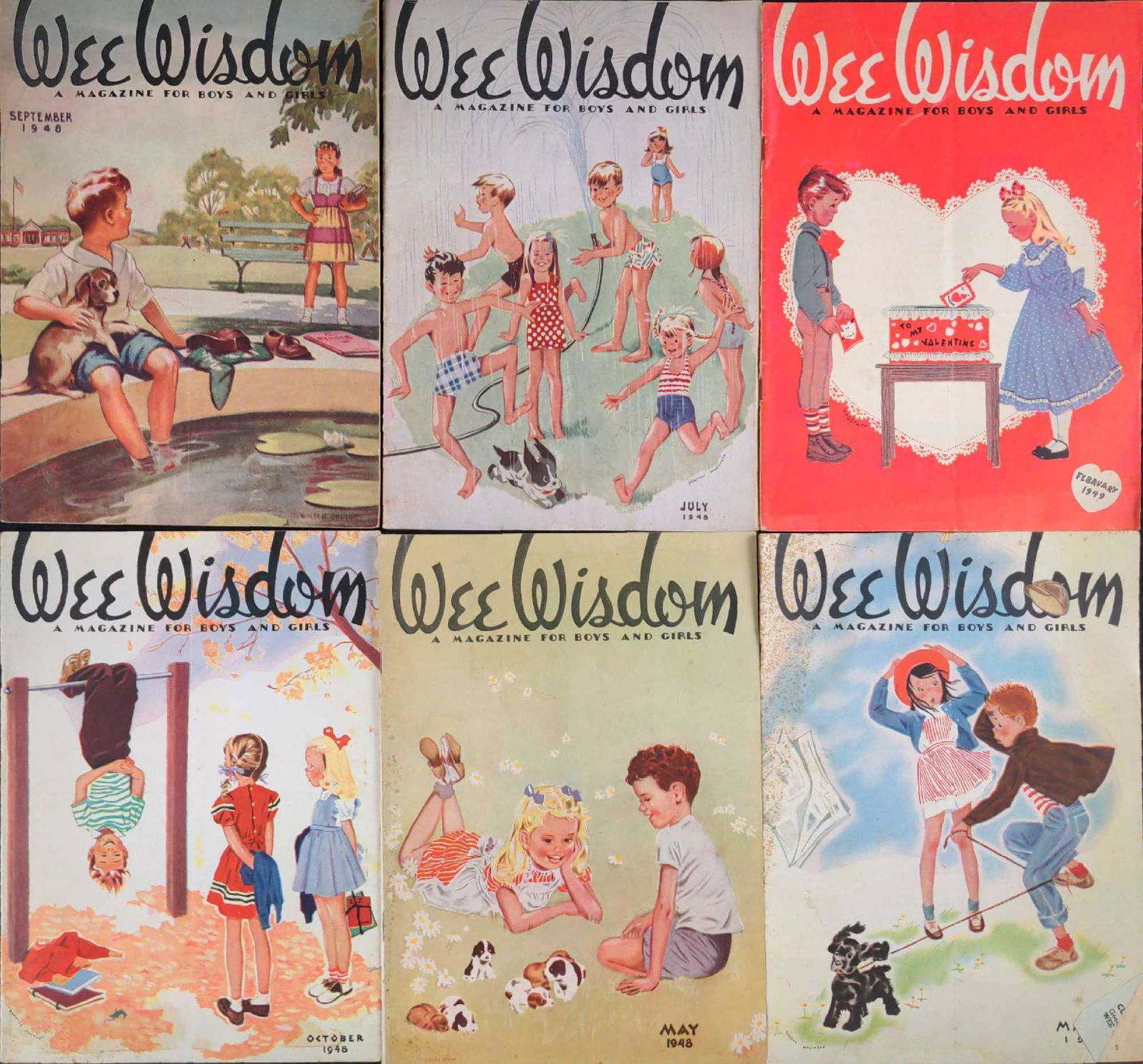 Six Vintage Wee Wisdom Childrens Magazine: This lot includes: (1) May 1948. "The Little Bee Who Had A Buzzy Day", "What Can Your Pet Do" and more. (1) March 1948. "Peter Discovers Easter", "Bobby Robin The Too-Early Bird", and more. (1) Octobe