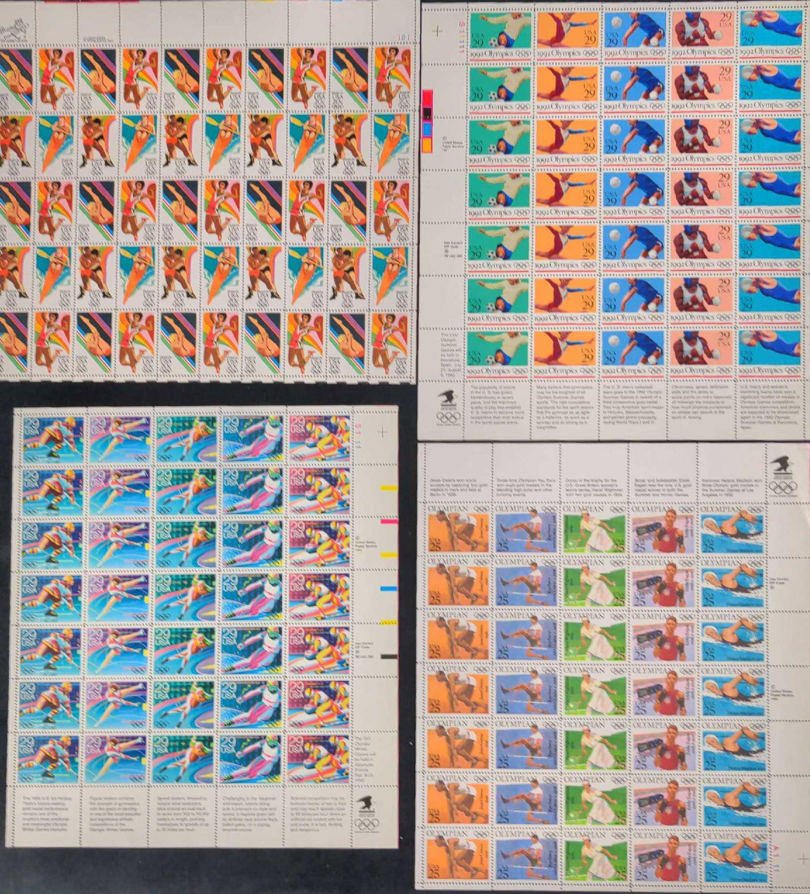 4 Uncut US Postal Stamps Olympics Winter Olympics: This lot includes: (1) Sheet Of 35 Olympian 25 cent stamps. These were released in 1990. (1) Sheet Of 35 1992 Olympics 29 cent stamps. These were released in 1992. (1) Sheet Of 50 Olympics 1984 20 cen