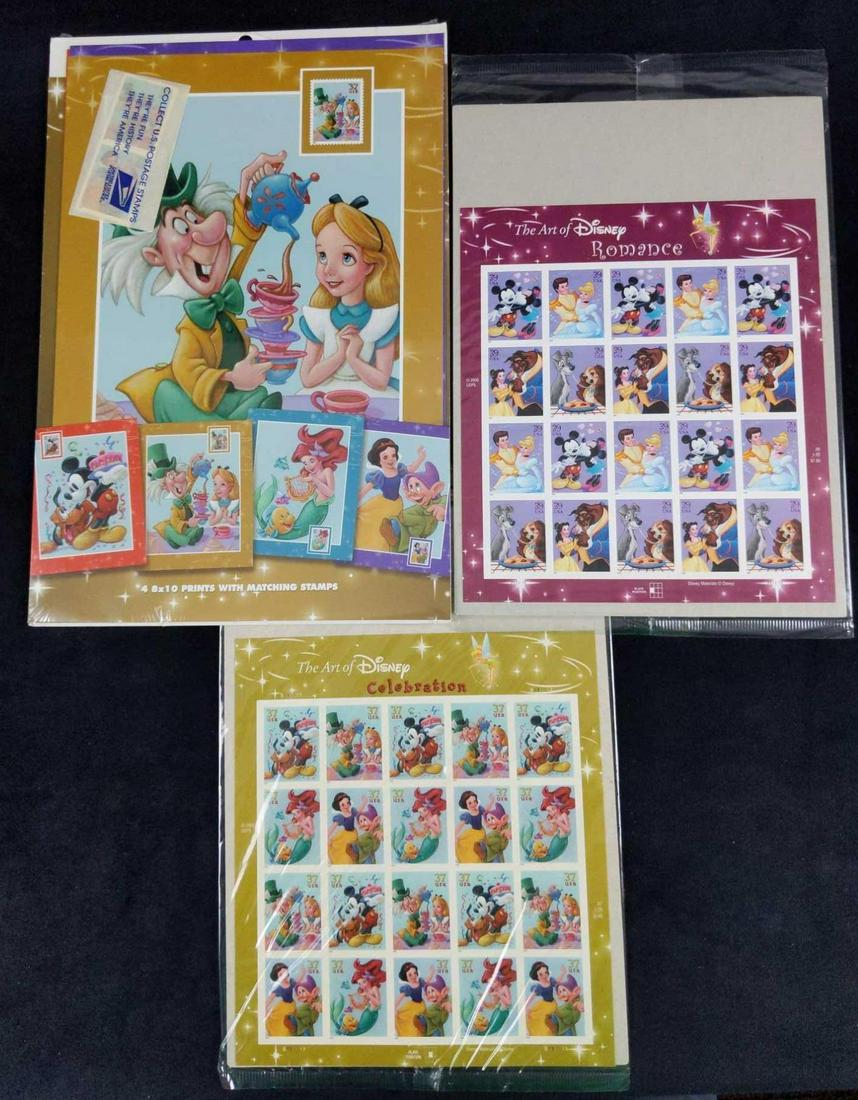 3 Disney Alice In Wonderland Mickey US Stamp Sheets: This lot includes: (1) The Art Of Disney Celebration Sheet with 20 37 Cent US Stamps. Is approx 8" x 12". (1) The Art Of Disney Romance Sheet with 20 37 Cent US Stamps. Is approx 8" x 12". (1) Disney 