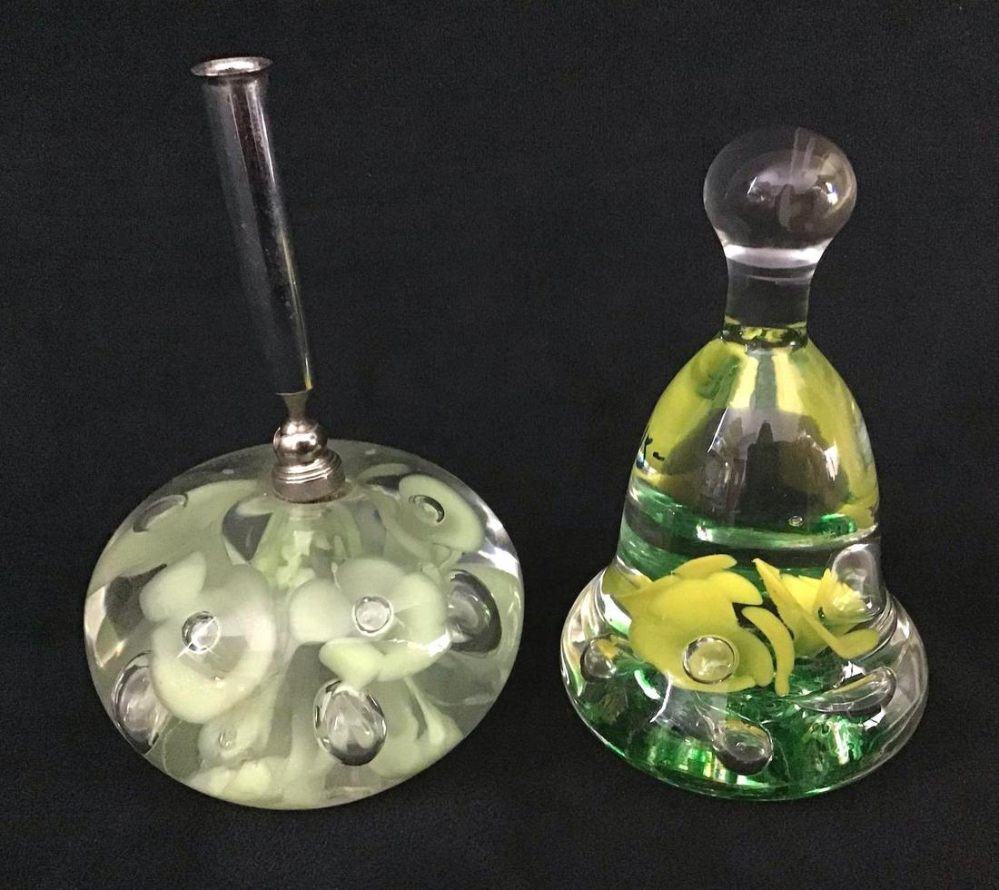 Glass Art Bell Pen Holder Designer Joe St Clair Lot: Glass Art Bell Pen Holder Designer Joe St Clair Lot. This is a lot of two glass art pieces. These pieces are in good condition with some known scuffs. There are no known chips or cracks. In total this