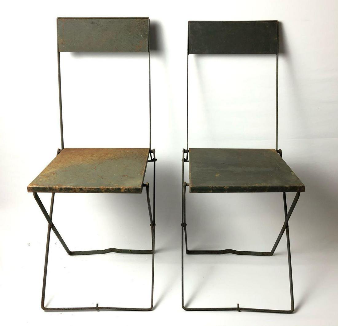Vintage - Antique Industrial Military Dab Green Metal: Vintage - Antique Military Dab Green Metal Folding Chairs. These unique chairs are in good solid working condition with some surface rust great for restoration project. Measurements folded 12" x 19" 5