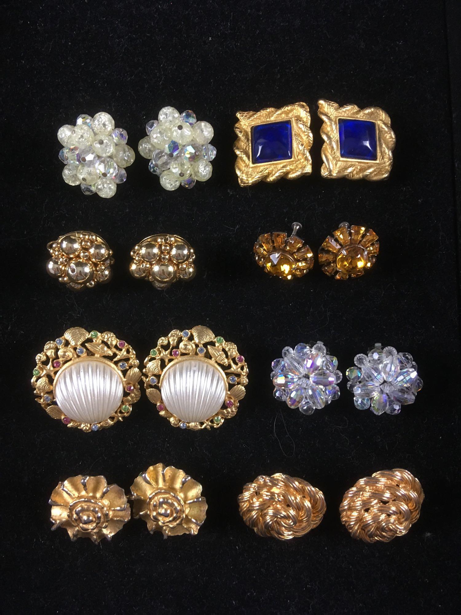 8 Pairs Of Vintage Clip On Earrings: 8 Pairs Of Vintage Clip On Earrings ; Instantly diversify your accessory collection with this lot of earrings in various sizes, styles, and brands such as Ann Taylor or German design. Most are clip on