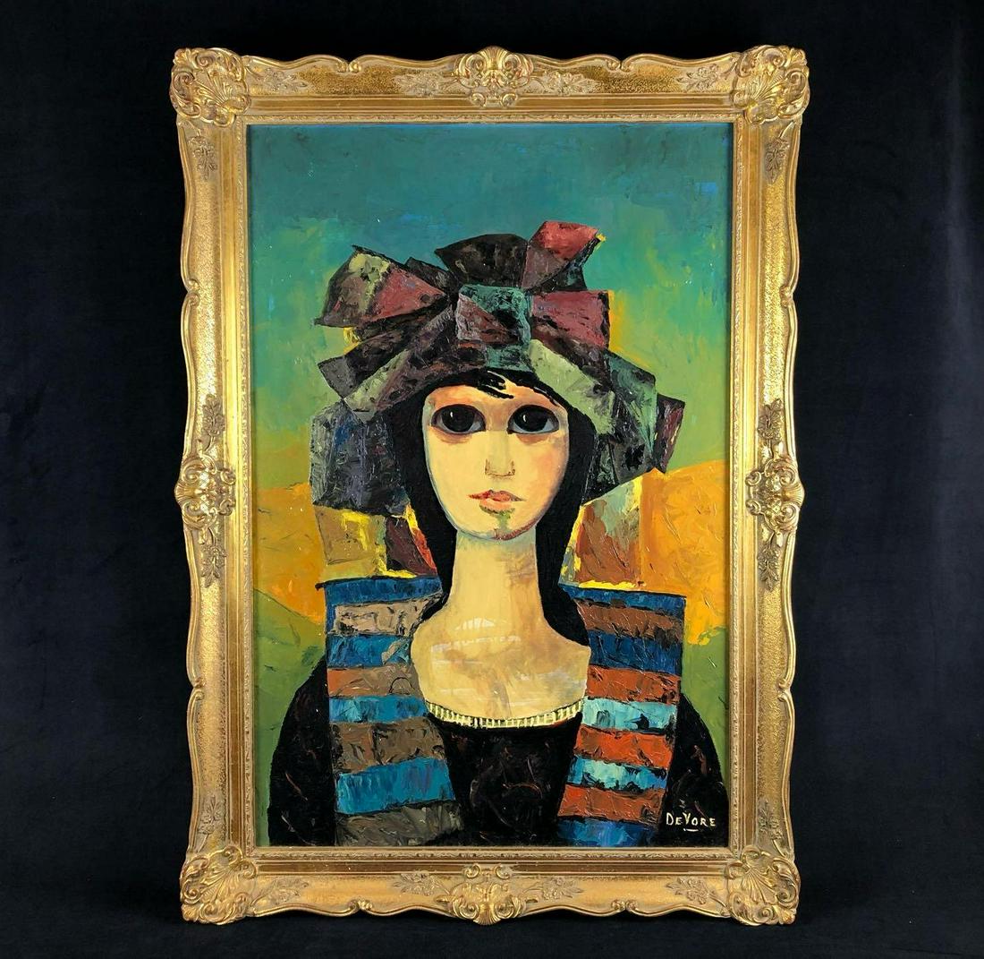 Original Signed Michael DeVore Surrealism Oil On Canvas: Original Signed Michael DeVore Surrealism Oil On Canvas Fantasy Big Eye Woman Portrait . This cool textured colorful painting is in very good condition and ready to be hung. Measurements are 30" x 42"
