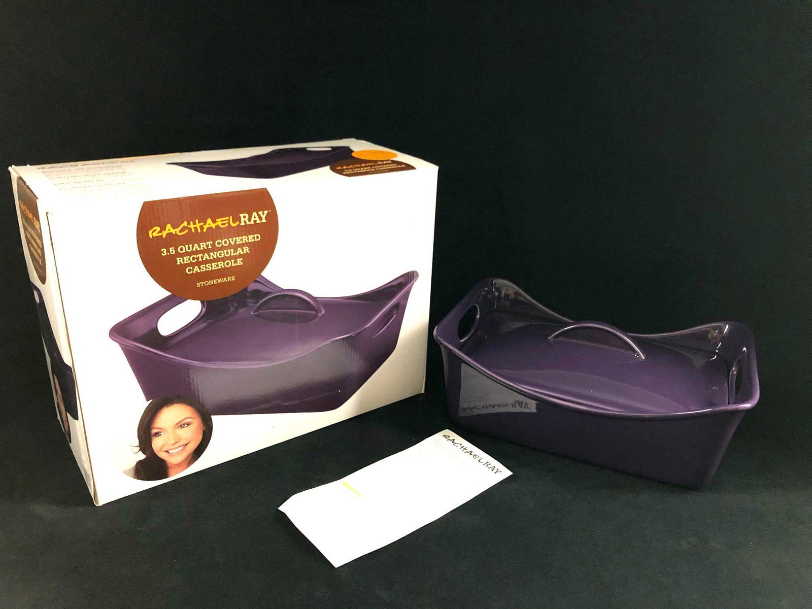 Stoneware Rachael Ray 3.5 Quart Casserole Purple: Rachael Ray Stoneware 3.5 Quart Rectangular Covered Casserole & Backing Dish. Color: Purple. Pre-Owned. Unused. In great condition, this 3.5-quart Covered Rectangular Casserole is crafted from dependa