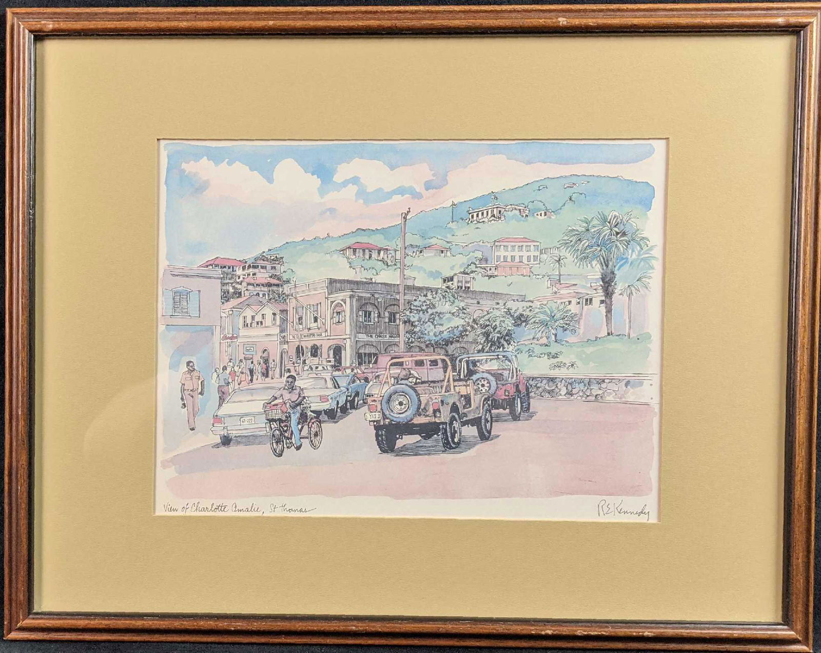 View Of Charlotte Amalie St Thomas RE Kennedy Litho X9: Framed "View Of Charlotte Amalie St Thomas" by Robert Kennedy. Framed print is approx 19" x 1" x 15". The print is approx 12" x 9". Framed art is in a good, vintage condition with wear on the frame.
