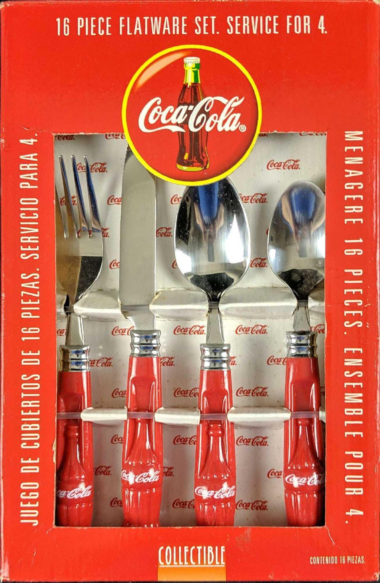 Coca Cola Contour Bottle 16 Piece Flatware Red: Coca Cola Contour Bottle 16 Piece Flatware With Red Coca Cola bottle handles. 16 piece flatware set that contains four dinner forks, four dinner knives, four tablespoons, and four teaspoons. All come