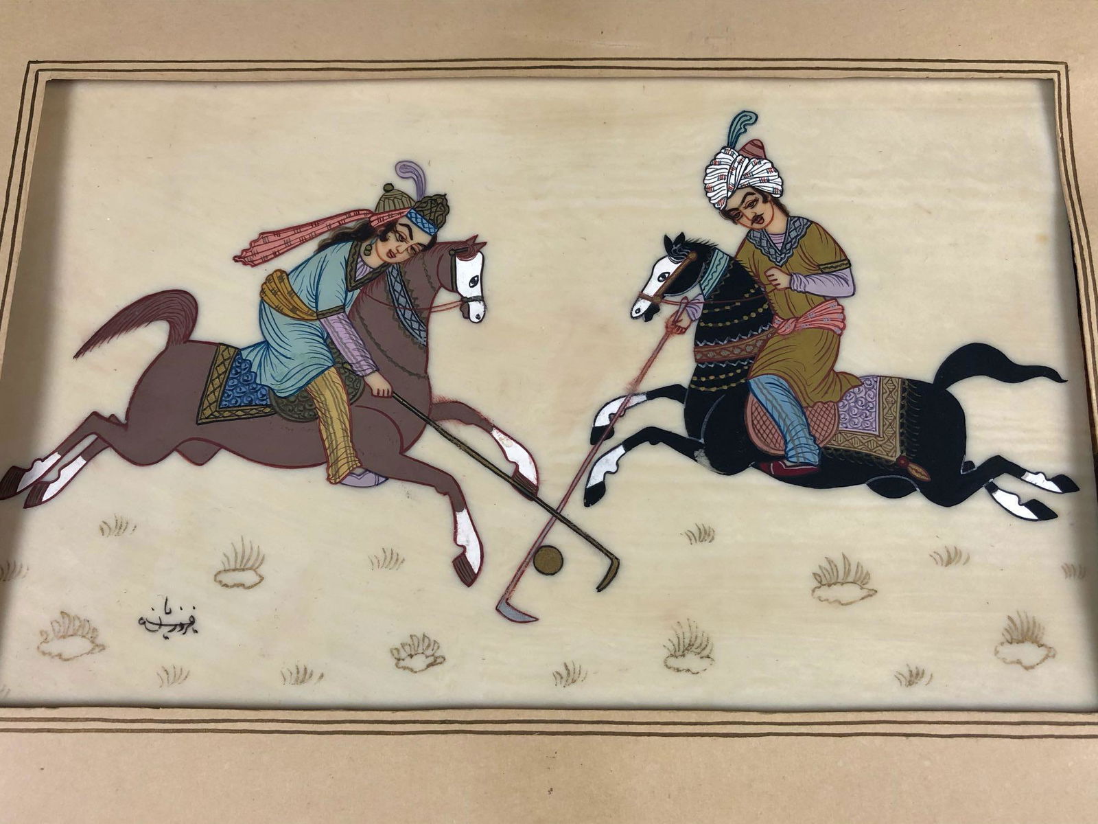 Antique Persian Khatam Micro Mosaic Frame Miniature: Antique Persian Khatam Micro Mosaic Frame Miniature Hand Painted Oil On Camel Bone "Polo"Painting .This amazing Detailed hand painted piece features a couple playing Polo. Measurements are 10.5 x 14.5