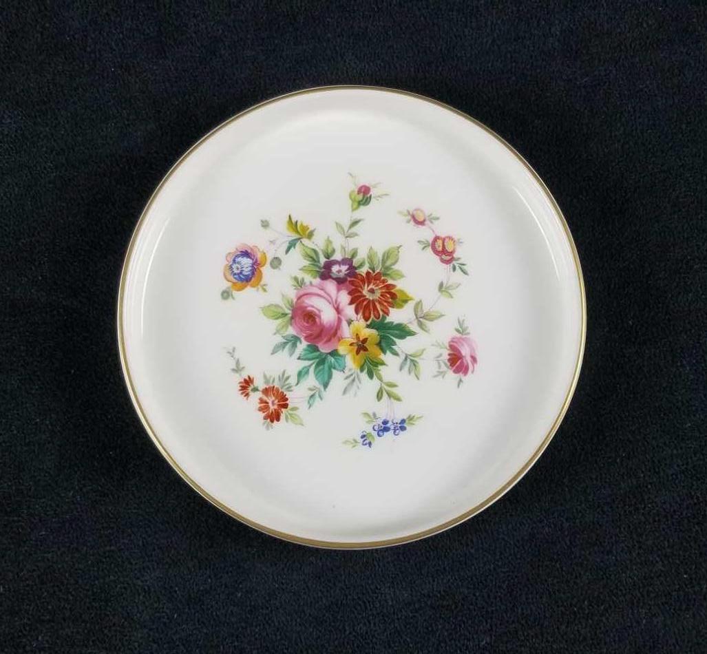 Vintage Marlow Minton Bone China England Wine Bottle: Minton "Marlow" Bone China, made in England. Wine Bottle Coaster with floral pattern and gold gild. Has the newer wreath back stamp. In good used condition with no known damages such as cracks, chips,