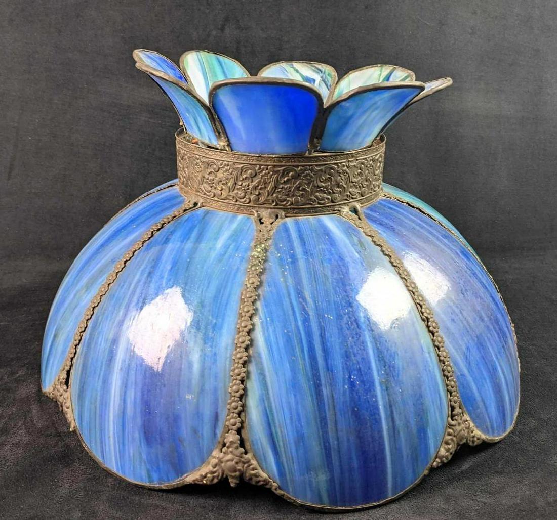 Vintage Tiffany Style Slag Glass Pendant Light Fixture: Tiffany Style Slag Glass Pendant Lamp Light Fixture/Blue colored slag glass with curved panel petal that Includes canopy and light socket Is approx 17" x 17" x 11". Ceiling Light is in a good, vintage