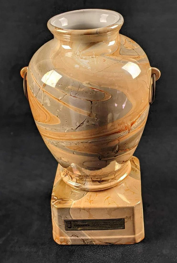 Vintage Jim Beam Whiskey Decanter Bottle Marble Vase B: Vintage Jim Beam decanter. It looks like a marble vase with two handles on the side.Bottom is dated 1985 & made out of Genuine Regal China. Vase is attached to decanter base via Velcro. Please note, t