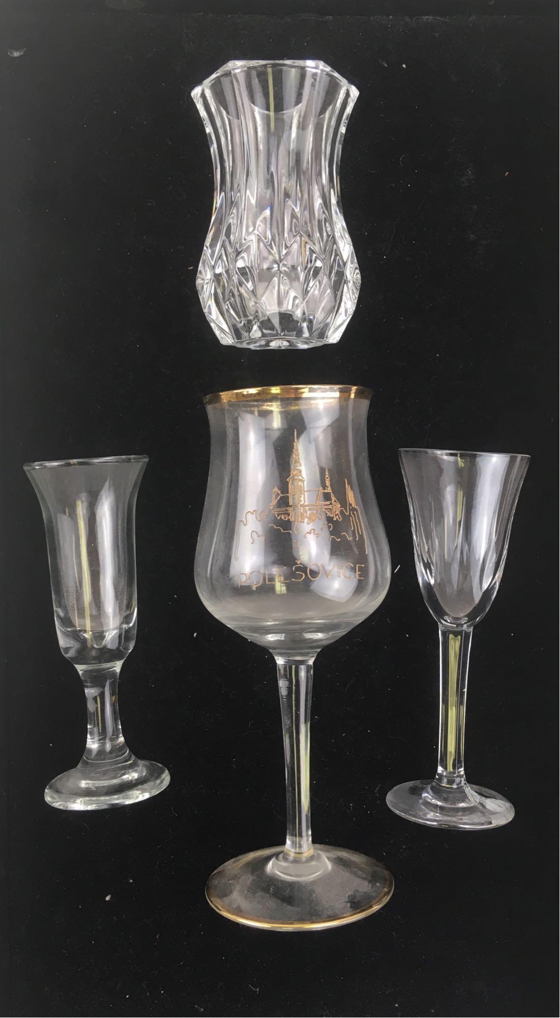 Lot of Vintage Crystal Stemware, Small Vase: Lot of Vintage Crystal Stemware, Small Vase; lot includes 1) stemmed claret glass with gold accent, the bowl is etched with "Polesovice" (a market town in the Czech Republic) and showing a town scene,