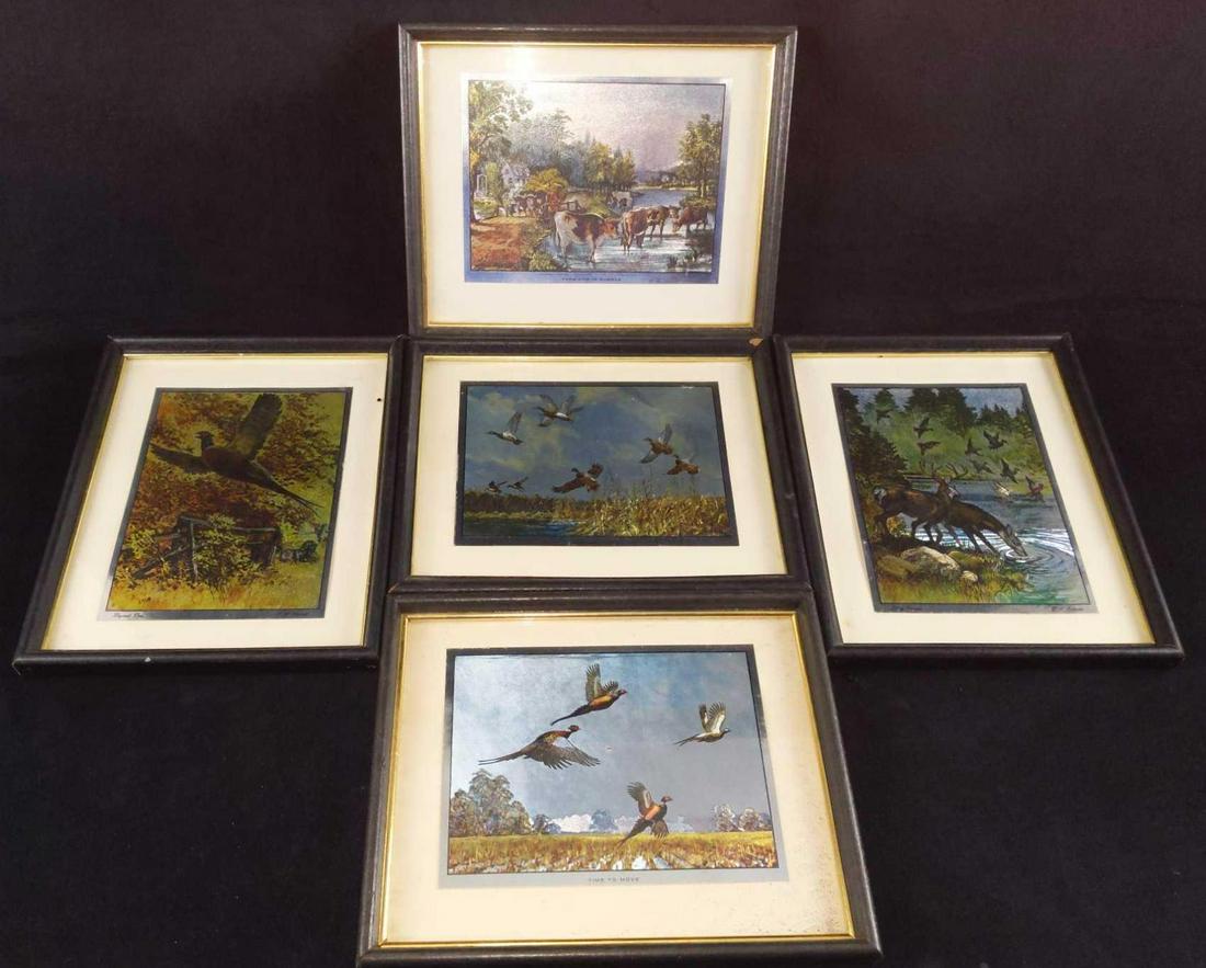 5 Vintage R.H. Palenske Color Foil Etch Prints: This lot includes five vintage Reinhold H Palenske Framed color Foil Etched Prints. This lot consists of: (1) Farm Life In Summer. (1) Bit Of Paradise. (1) Settling Down. (1) Ringneck Riser. (1) Time 