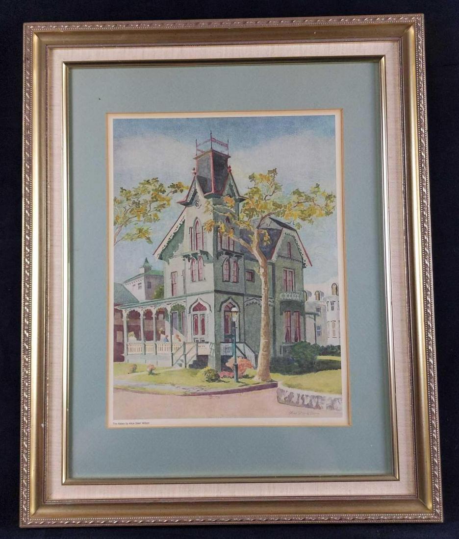 Framed Signed Alice Steer Wilson Abbey Print: Framed print of "The Abbey" by Alice Steer Wilson. The print is hand-signed on the bottom right. Framed art is approx 17" x 1" x 21". Print is approx 9 1/2" x 13". Art is in good, used condition with 