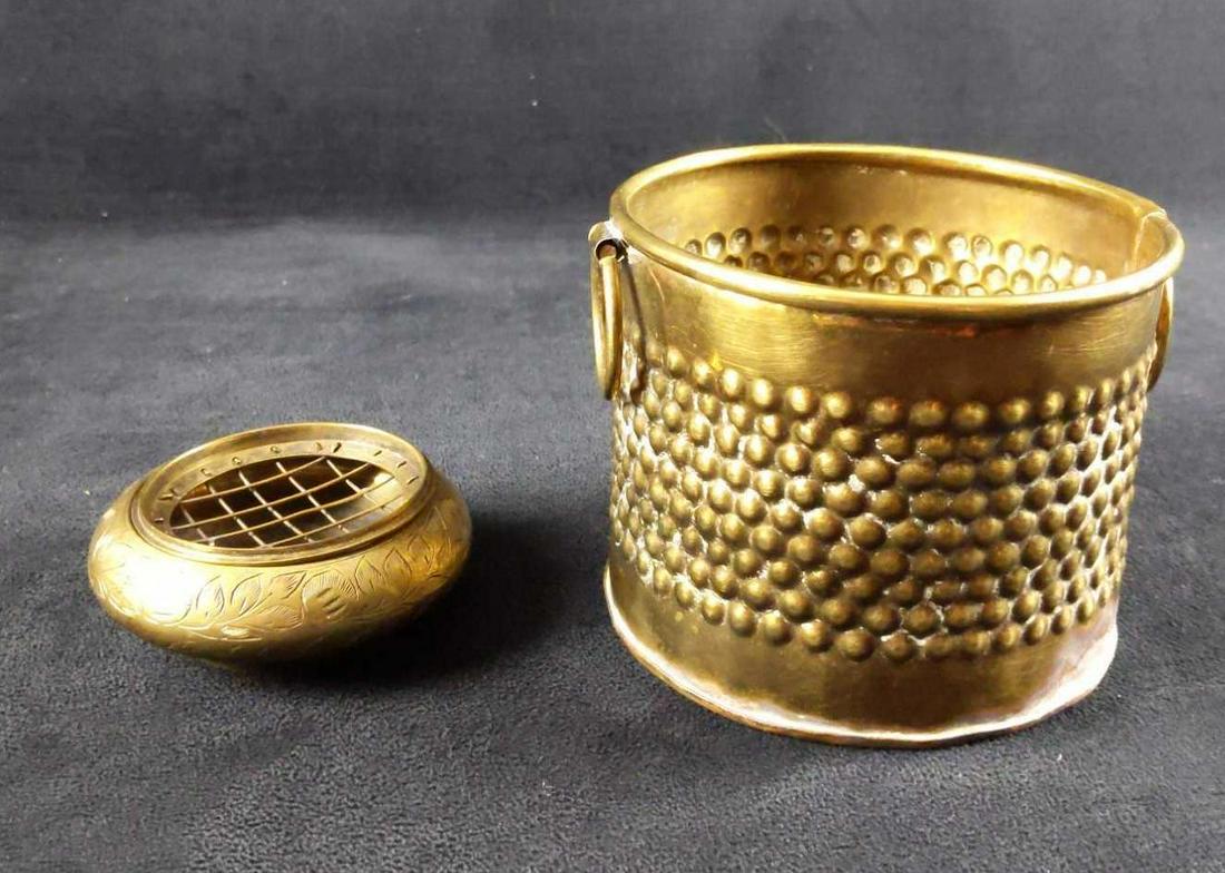 Vintage Brass Pot And Incense holder: This lot includes: (1) Brass Pot with handles. Can be used for planting small plants, holding trinkets, pens, and more. Pot is approx 5" x 5" x 4'. Has some tarnish due to age. (1) Brass Incense Holde