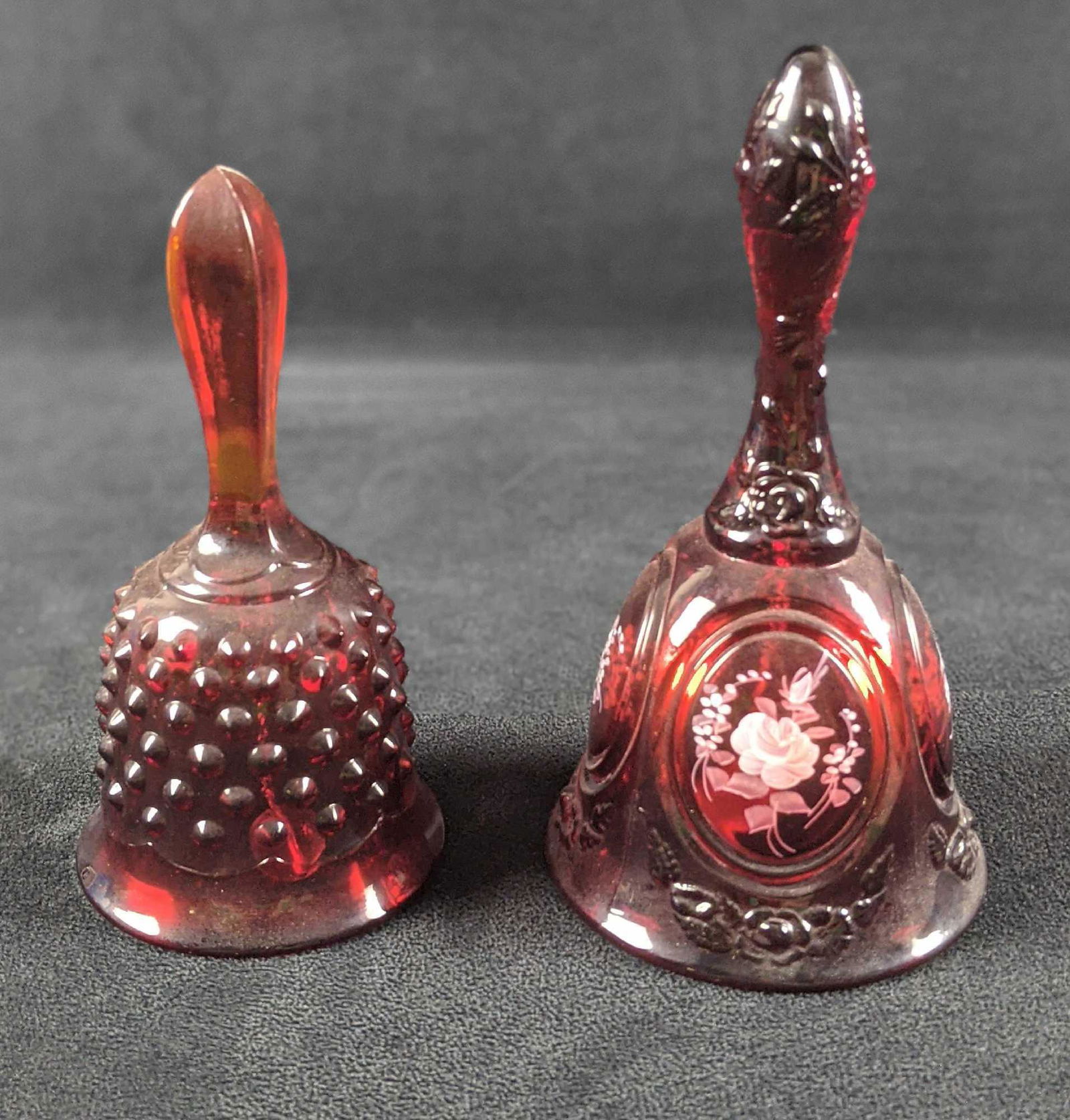 Lot Of 2 Red Fenton Bells Hand Painted And Hobnail