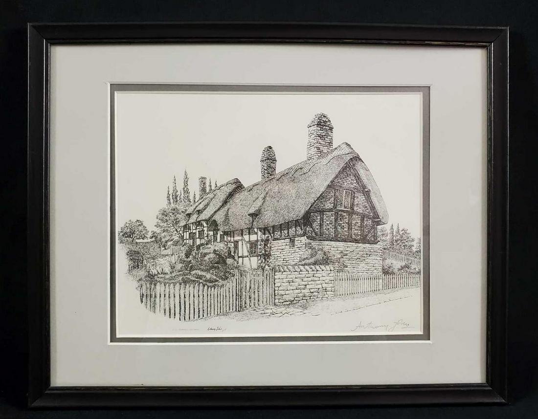 Anthony John Signed Print Anne Hathaways Cottage: Black and White Etching Signed by Anthony John of Anne Hathaway's cottage. Framed art is approx 15" x 12". Image is approx 9 1/2" x 7 1/2". Print is hand signed on the bottom right and print is given 