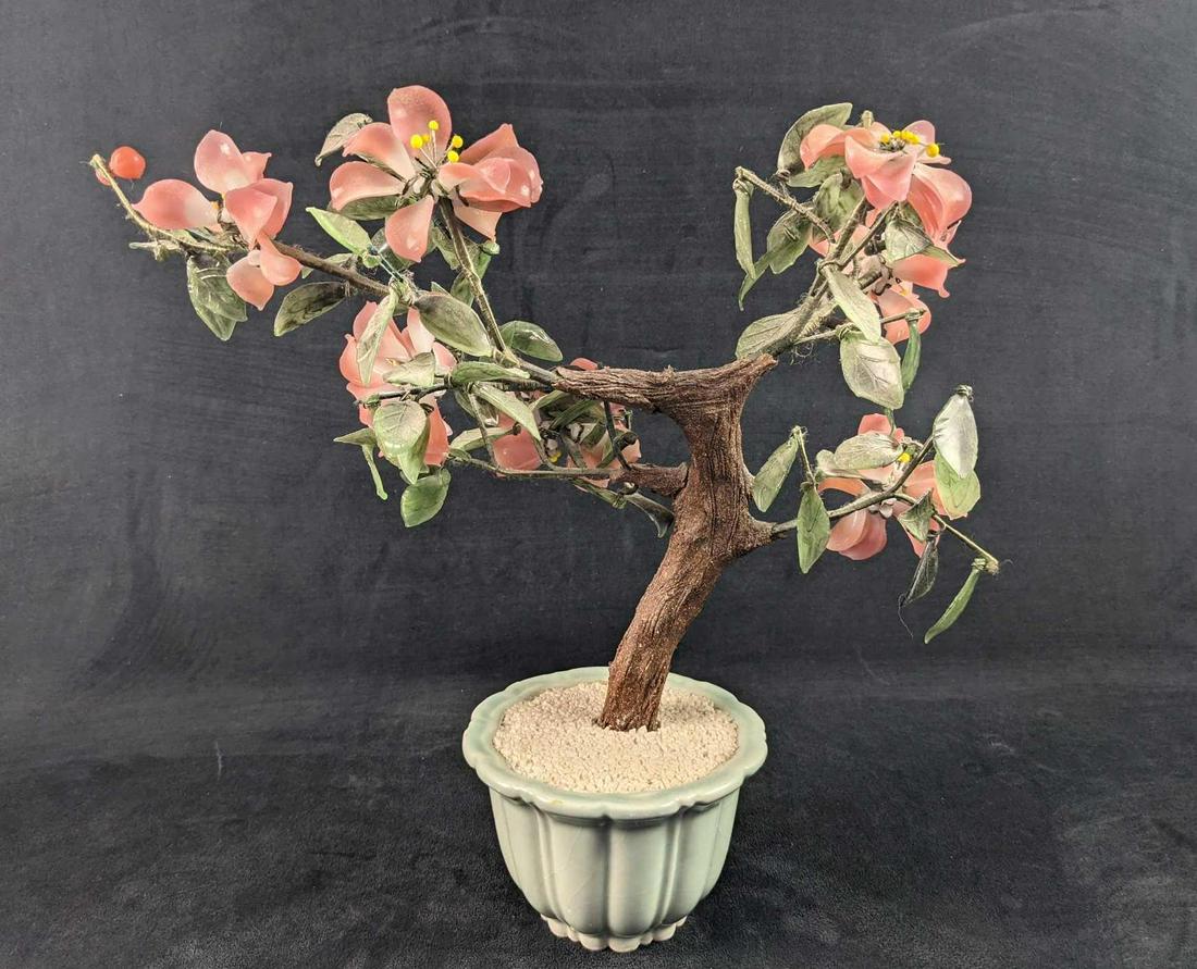 Artificial Bonsai Plant With Pink Flowers: Enjoy the visual beauty of the art of Bonsai, without any of the hard work! Flowers and leaves are made of a light glass. Stems are an stone resin and pots are ceramic. Maker and date of creation is u