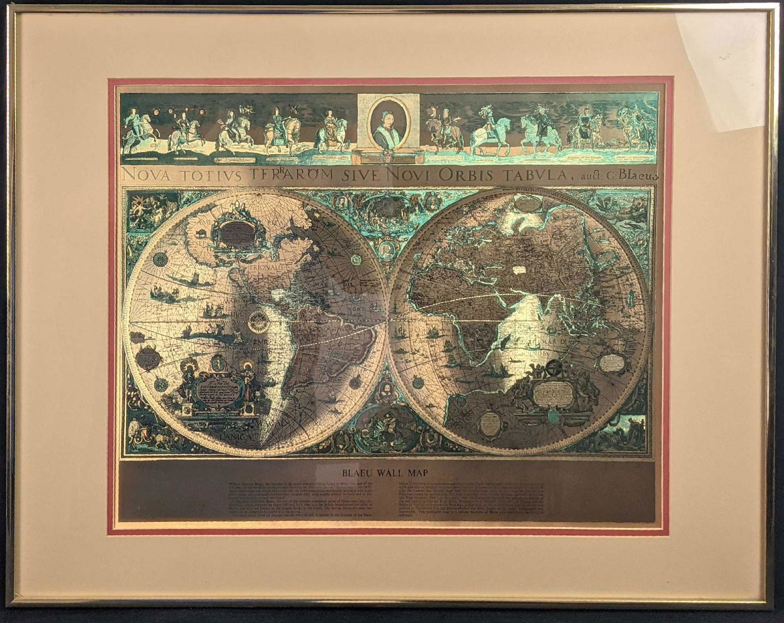 Vintage Framed Gold Foil Blaeu Wall Map Old And New: Blaeu Wall Map Of The World. Reproduction on golden foil. Framed art is approx 28" x 1/2" x 22". Print is approx 20" x 16". Framed art is in a good, vintage condition with slight wear on the frame