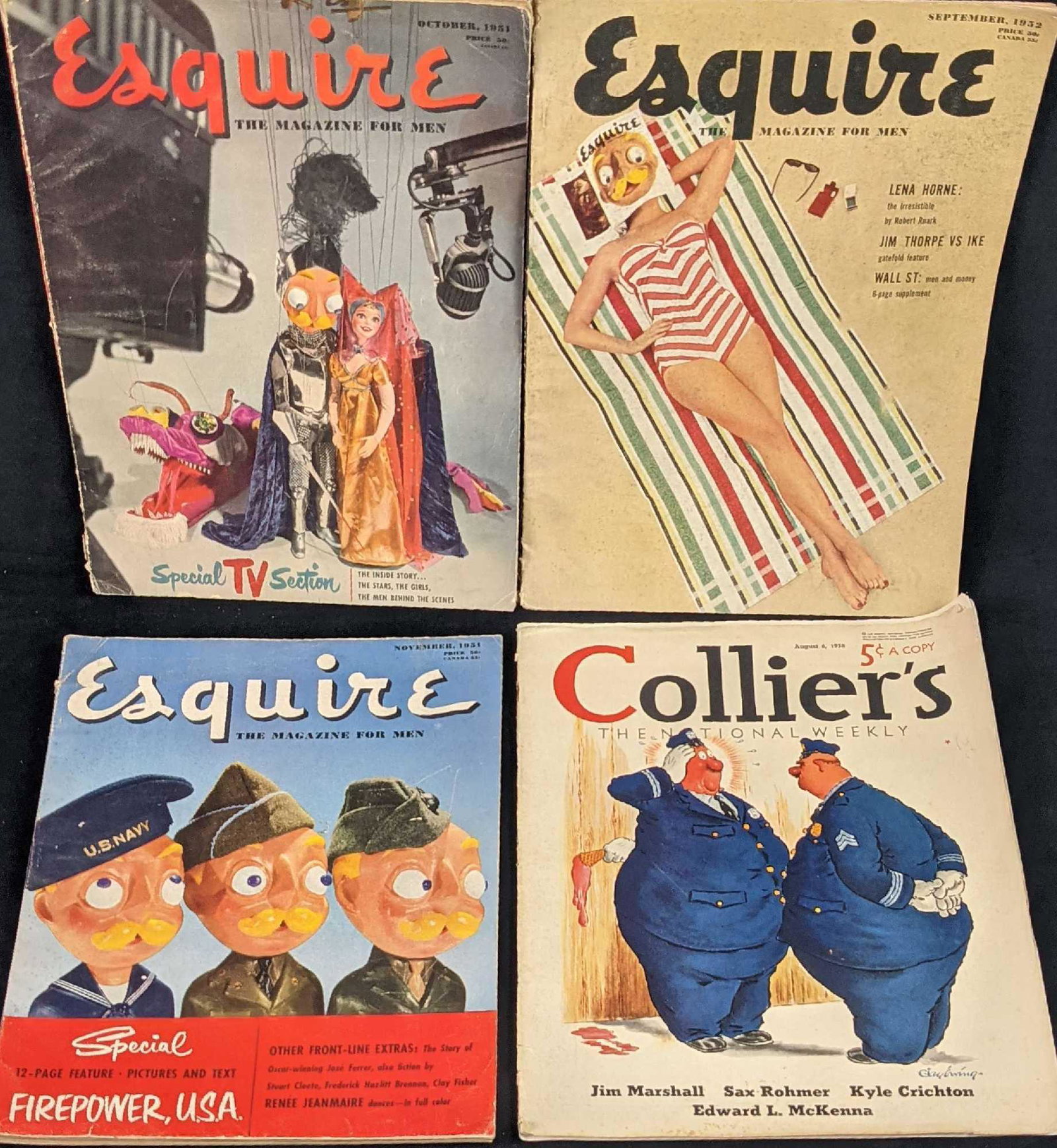 Vintage Esquire And Collier's Magazines: This lot includes: (1) Esquire. September 1951. "Fire Power USA", "The Story Of Oscar-winning Jose Ferrer" and more. (1) Collier's August 6, 1938. "Budd Wilson Schulberg: Hollywood Doctor", "Death's I
