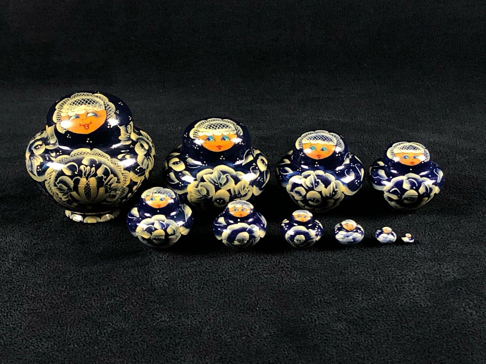 Vintage Hand Painted Wood 10pc Russian Matryoshka: This very detailed set of 2.5" 10pc nesting dolls are in Mint condition with no issues or missing pieces. Signed by the artist underneath. Please see all our pictures they are part of our description