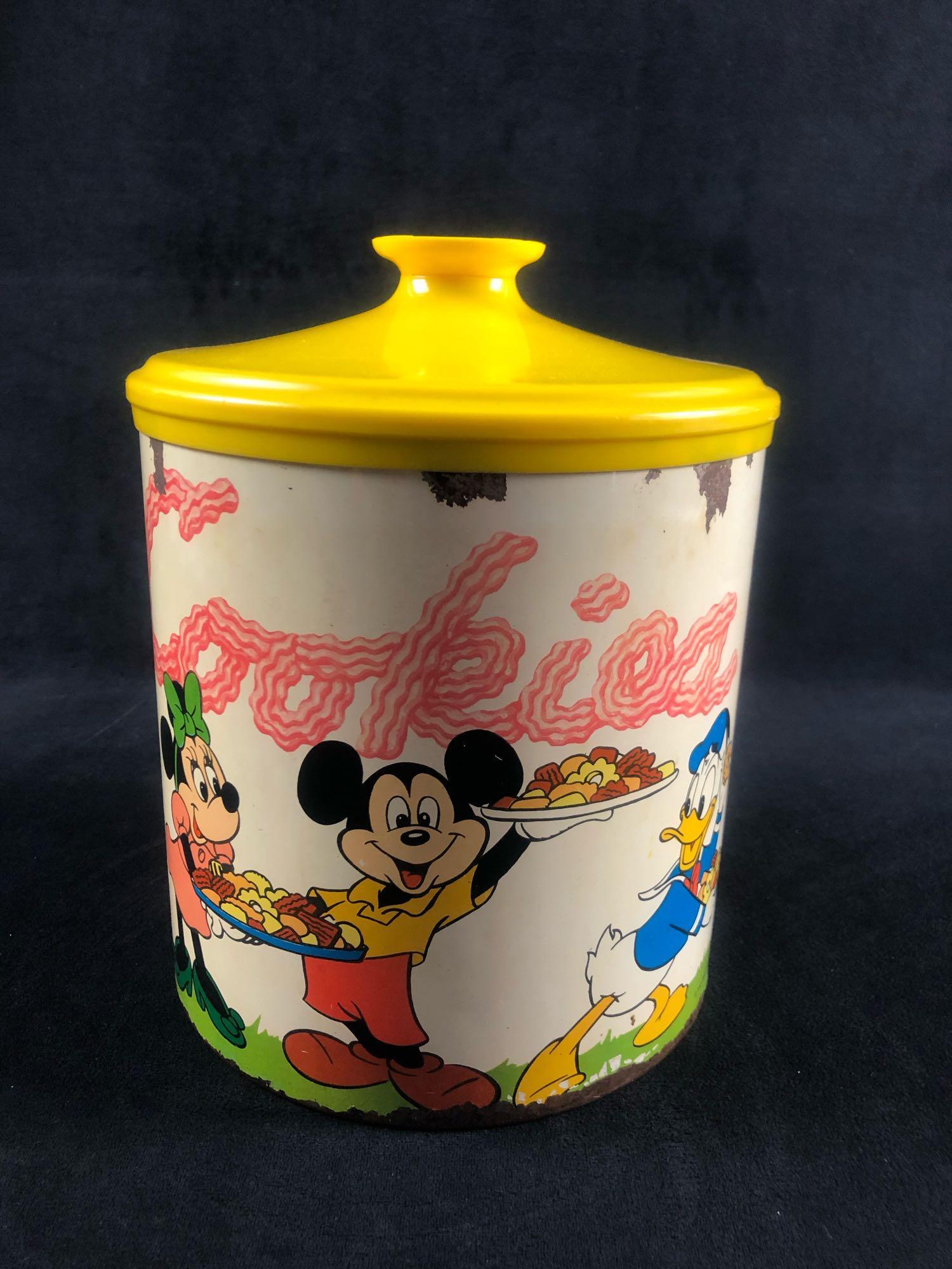 Vintage Cheinco Mickey Minnie Mouse Goofy Pluto Donald: Vintage Cheinco Mickey Minnie Mouse Goofy Pluto Donald Nephews Tin Cookie Jar Walt Disney Yellow Lid The container shows many characters like Goofy holding and eating from a large tray of cookies. Plu