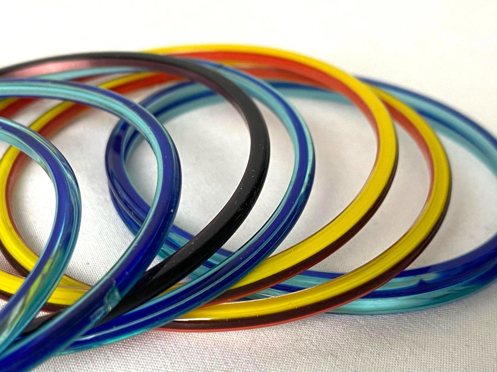 Vintage Multi Colored Acrylic 60's Bangle Bracelets Lot: These vintage Acrylic bangles are in great condition for there age 3 with previous repairs . Please view all our pictures,they are part of our description DETAILS : Type : Bangels Maker : Unknown Mate