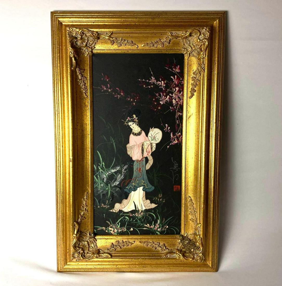 Vintage Signed Asian Geisha Girl W/ Fan Original Oil On (1 of 7)