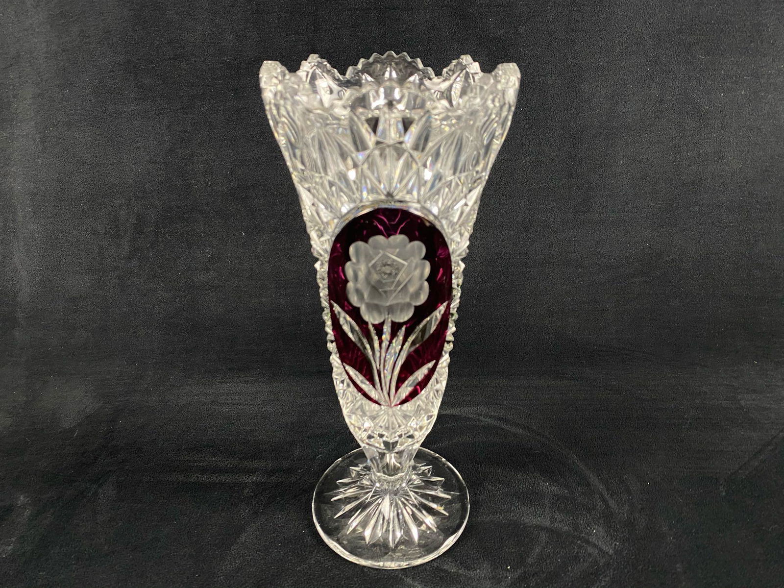 Vintage Bohemian Scalloped Ruby Accent Crystal Vase (1 of 5)