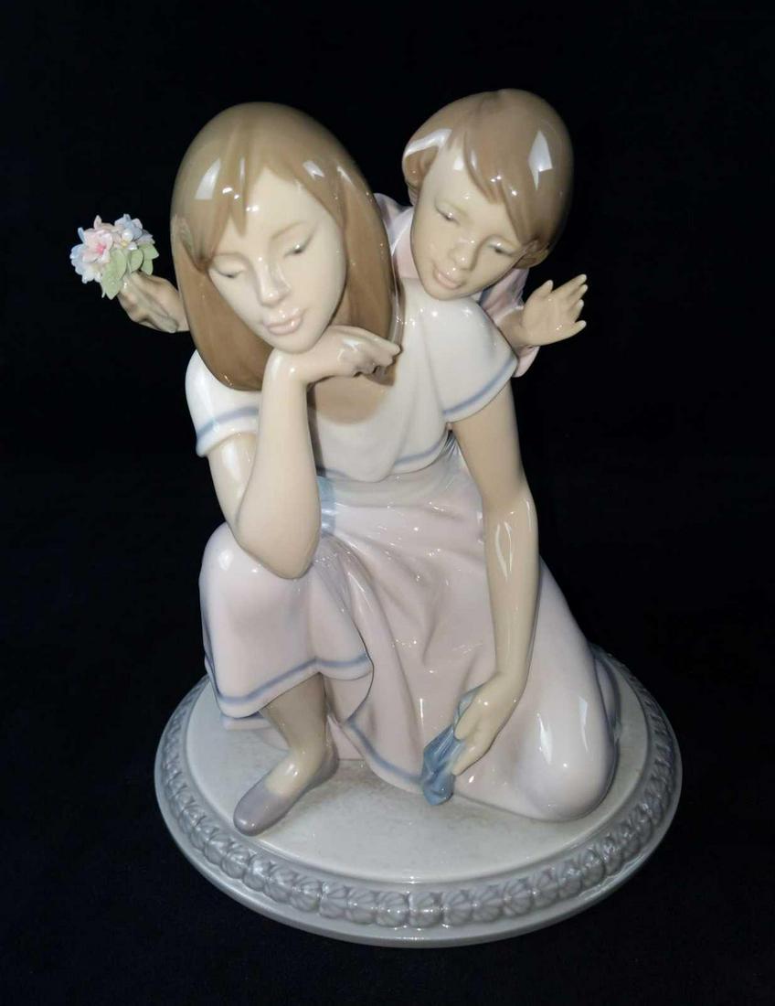 Rare Retired Lladro Guess Who Mother Child Figurine: Lovely glazed porcelain figurine of a child surprising her mother with some freshly picked flowers. Figurine was designed by Juan Huerta and released from 1998-2000. Comes in its original box which is