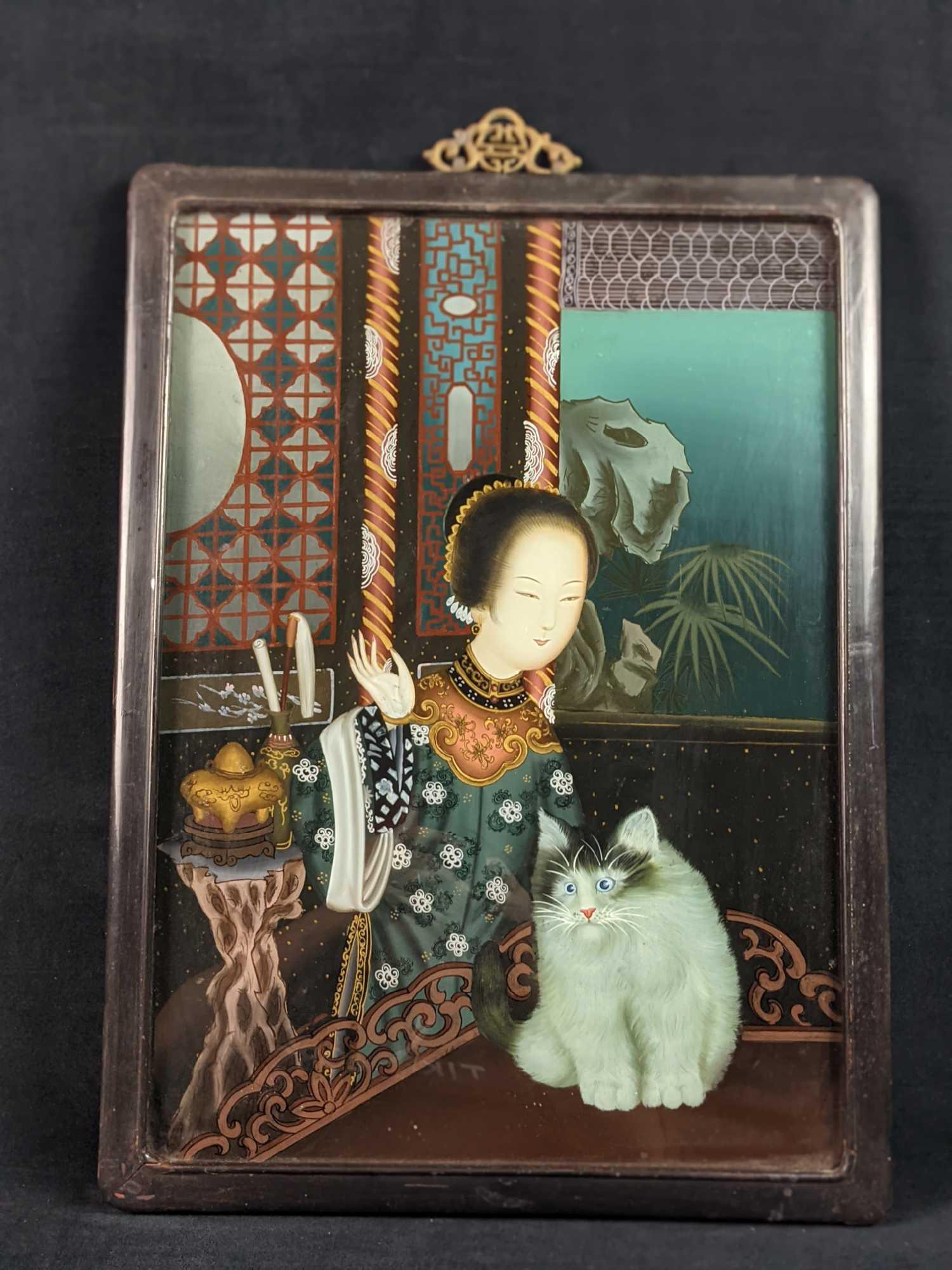 Vintage Chinese Reverse Painting On Glass Girl With (1 of 6)