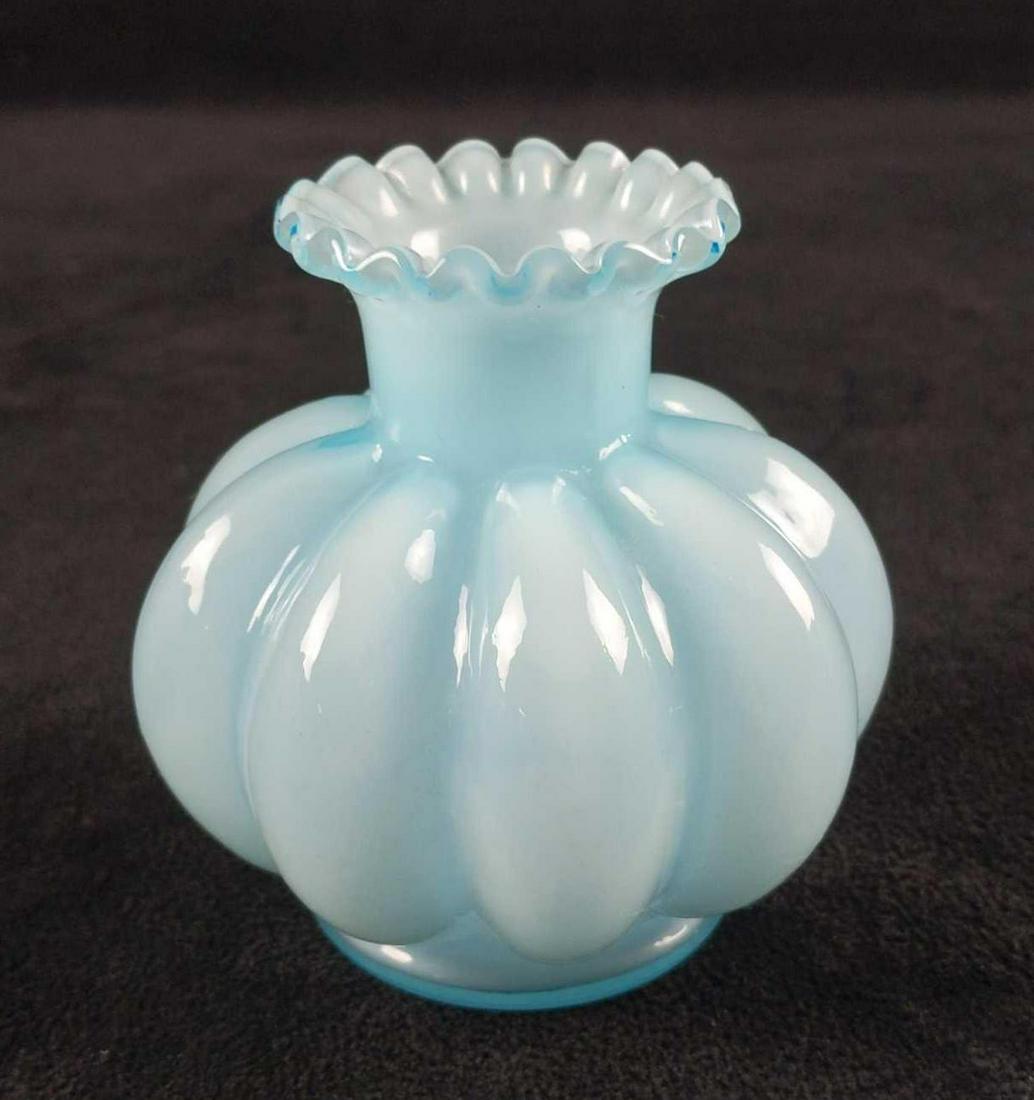1940s Fenton Blue Mini Ruffled Bud Vase: 1940s Fenton Blue Mini Ruffled Vase. Vase is approx 3 1/2" x 3 1/2" x 3 1/2". The vase is in good, vintage condition with no known damage. Started life as a perfume bottle, now it can be used as a vas
