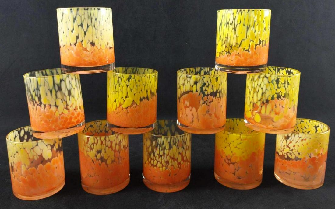 Mid Century Old Fashioned Drinking Glass Lot Of 11: Here is a very unique set of old fashioned drinking glasses. Glasses were painted with orange and yellow and since all were done by hand, each glass is one of a kind. Glasses are approx 3 1/2" x 3 1/2