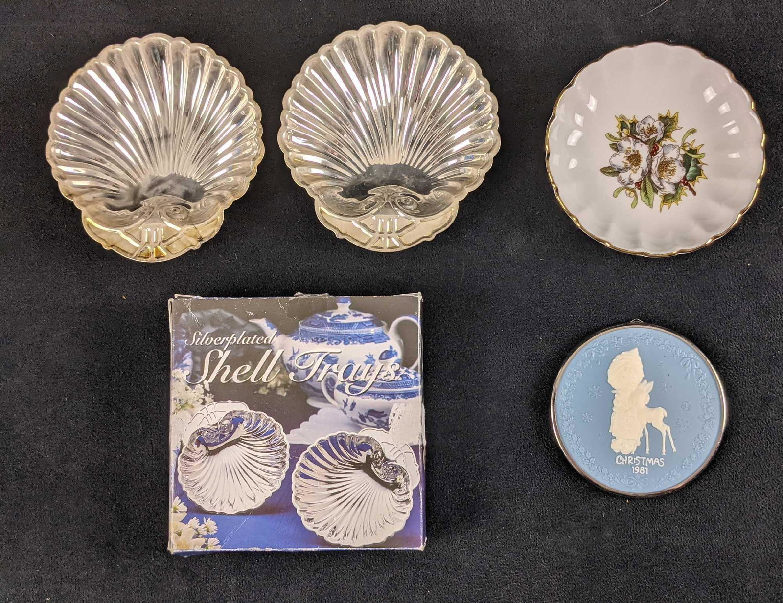 Vintage Silverplate Tray Spode Mini Plate Ornament: This lot includes: (1) Fine China Bode Mini Plate with gold trim and flower design. Is approx 4" x 4" and has some wear and markings on the back. (1) Hallmark Cameo Betsy Clark Keepsake Ornament. Has 