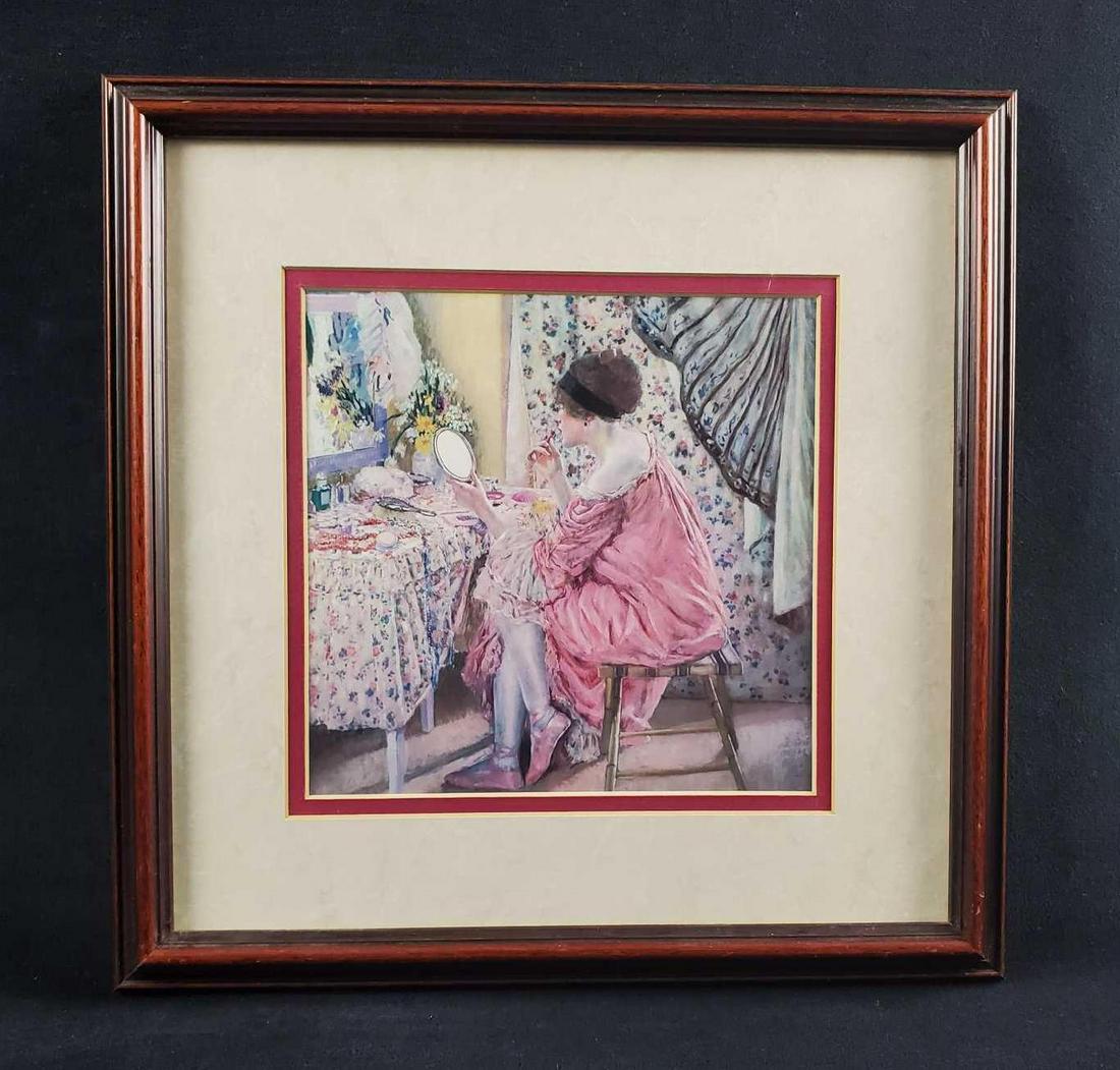 Before Her Appearance by Frederick Frieseke 1913: This is a reproduction print of an oil painting from Frederick Carl Frieseke (American, 1874-1939) titled: "Before Her Appearance". This piece is from The Cummer Gallery of Art. On the back of the fra