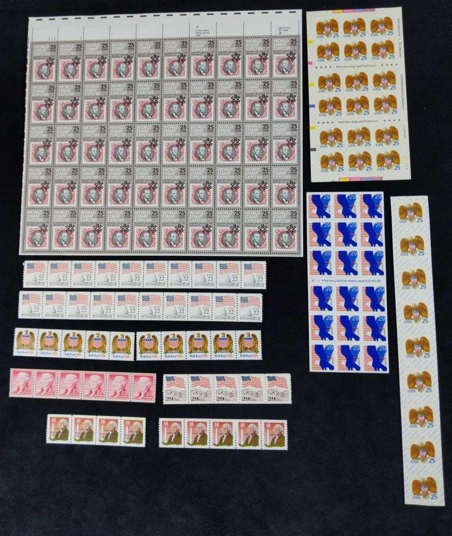 US Postal Stamps All About the USA Presidents: These all American stamps celebrate the American Flag and its presidents. This lot includes: (27) American Eagle 25 Cent Stamps (Self-Adhesive) (10) American Eagle With Shield Bulk Rate Stamps. (5) US