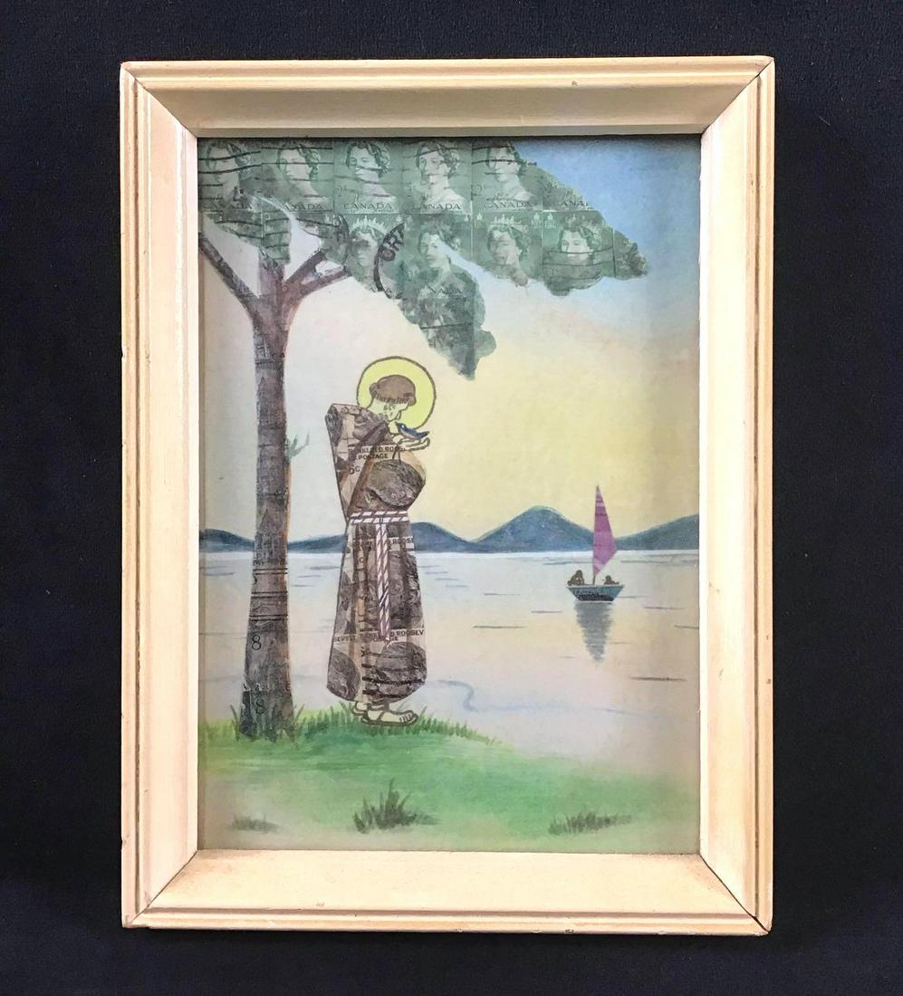 Postal Stamp Painting Folk Art Collage Queen Elizabeth: This is a postal stamp painting. It was made using Queen Elizabeth II (1953) and Franklin Roosevelt (1966) stamps. You can see a man holding a blue bird with the sun behind him symbolizing a protectiv