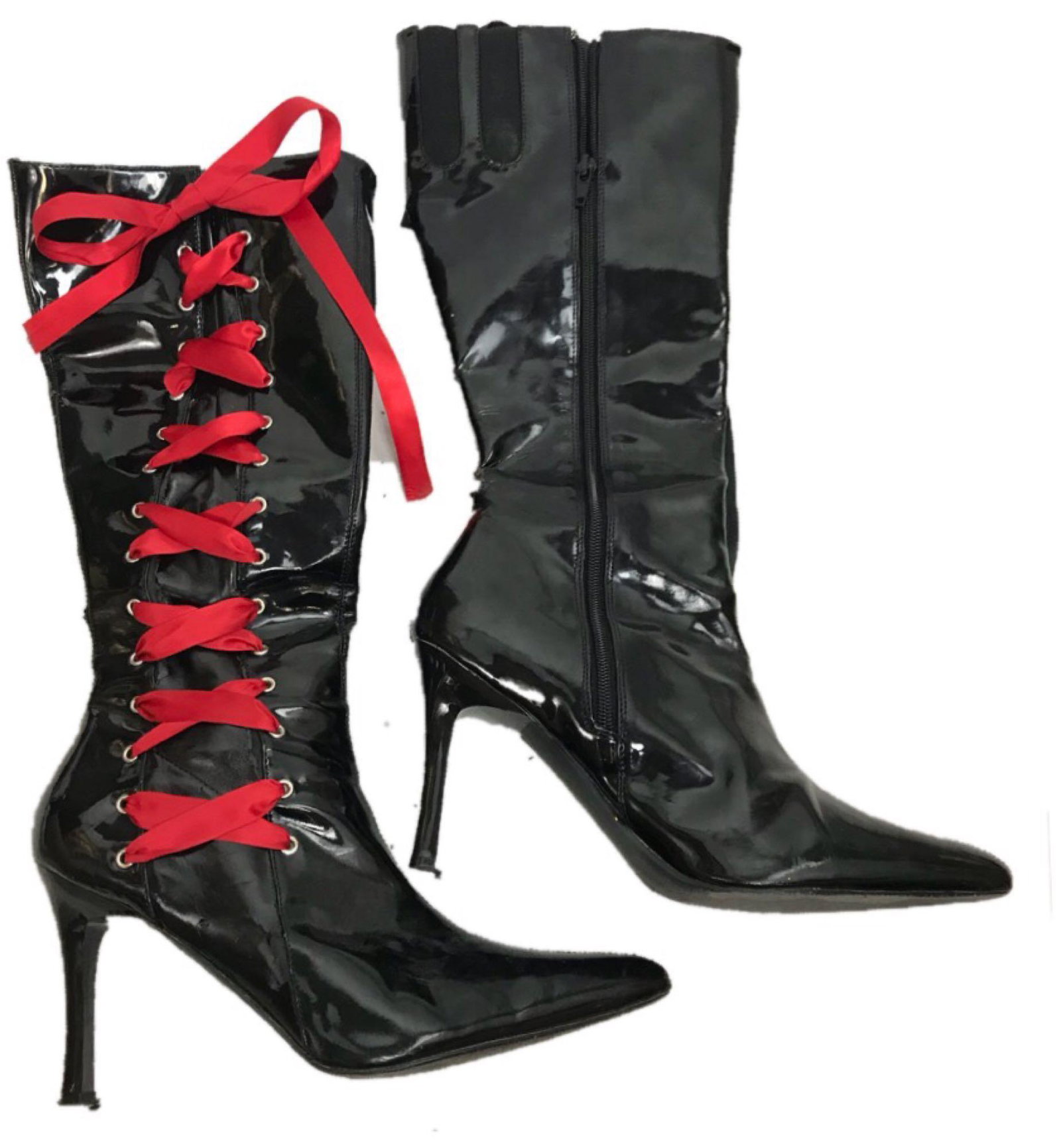 Sexy Vinyl Boots with long laces Funtasma brand -: Here are a worn pair of Funtasma Branded Sexy Vinyl Boots. Women's size 7 with adjustable calf area laces. One has a red ribbon. The other is a black ribbon.
