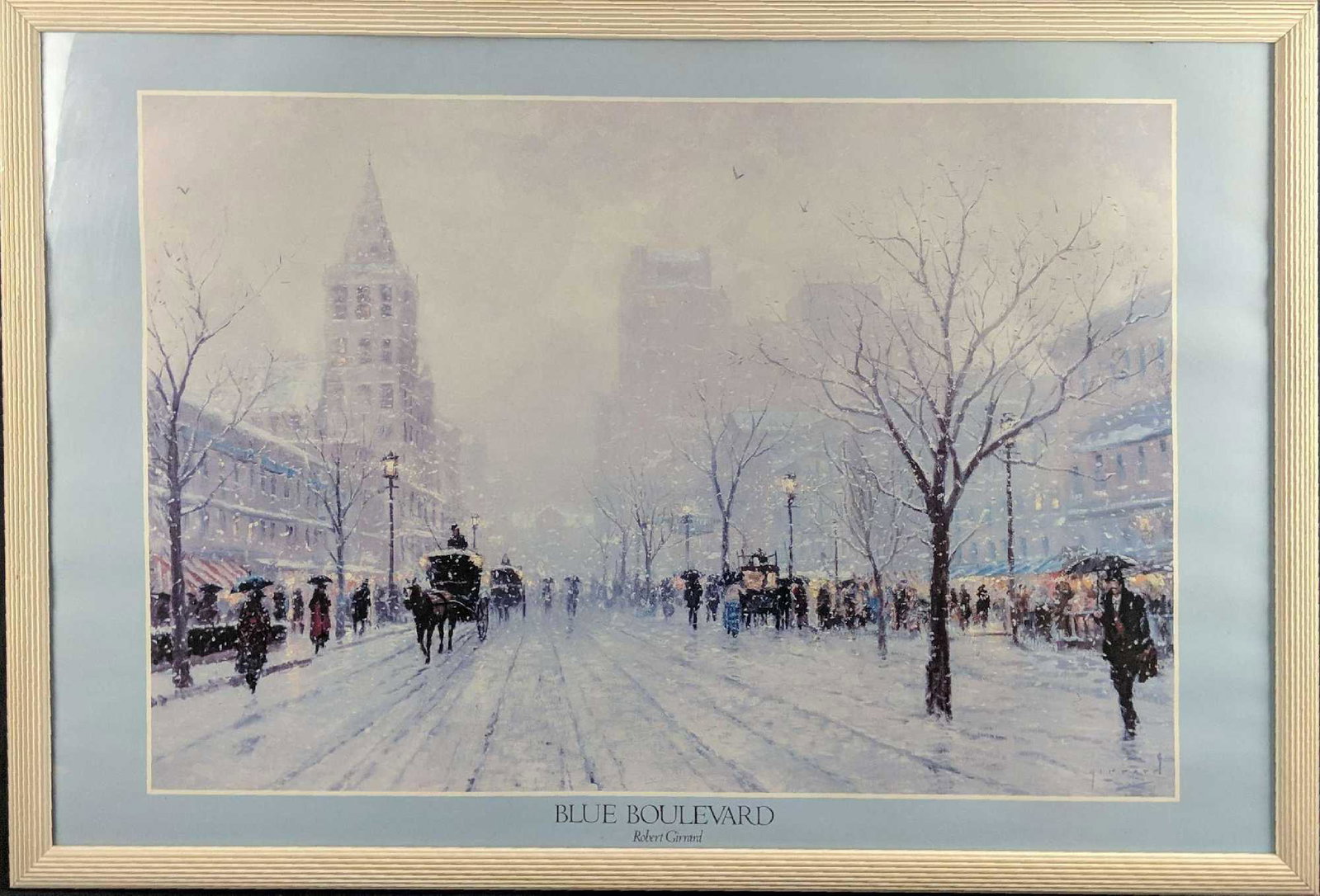 Framed Thomas Kinkade Robert Girrard Blue Blvd: Robert Girrard (Thomas Kinkade's Impressionist persona)'s print of "Blue Boulevard". Framed print is approx 38" x 1" x 26". Print is approx 29 1/2" x 20". Framed art is in good, used condition with so