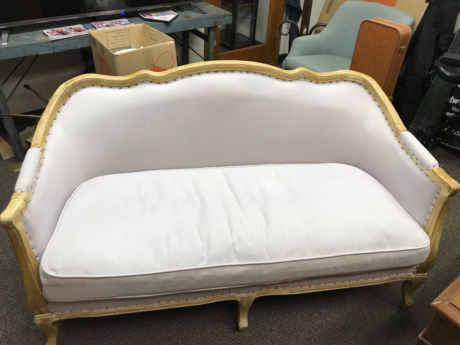 French Provincial English Pine Gray Settee: This French Provincial is made from English Pine and features a light gray settee. Date manufactered estimate early to mid 1900's. It is by an unknown manufacturer and is in very good used condition w