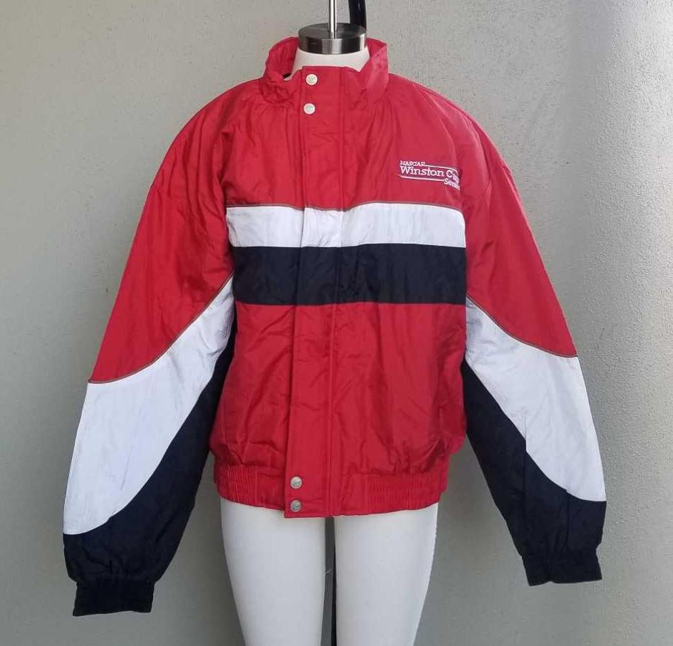 Nascar Winston Cup Series Jacket: NASCAR Winston Cup Series Jacket by Chase Athletics, made in Hong Kong. Size XL, dry clean only care. This red black and white jacket is light, comparable to a wind breaker type of protection. The ext