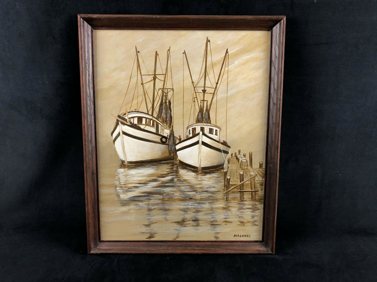 Vintage Original Sighed Brian "Maloney" Oil On Wood: Vintage Original Sighed Brian "Maloney" Oil On Wood Resin Board Shrimp Boat Maritime Painting .This original piece is in very good condition but painting is loose from frame (easy fix ) measurements o